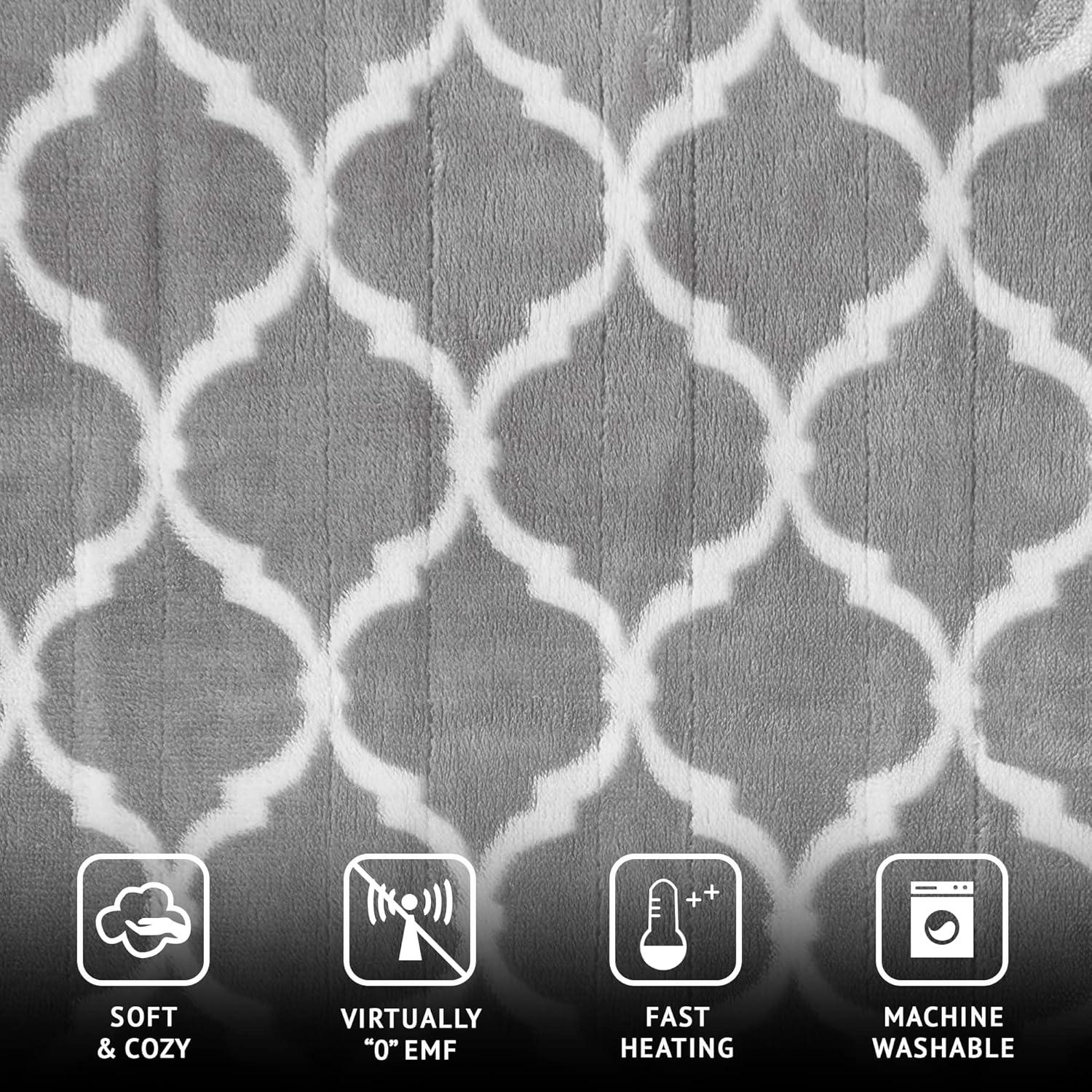 Beautyrest Ogee Printed Plush Electric Blanket for Cold Weather, Fast Heating, Auto Shut Off, Virtually Zero EMF, Multi Heat Setting, UL Certified, Machine Washable, Grey Oversized Throw 60x70