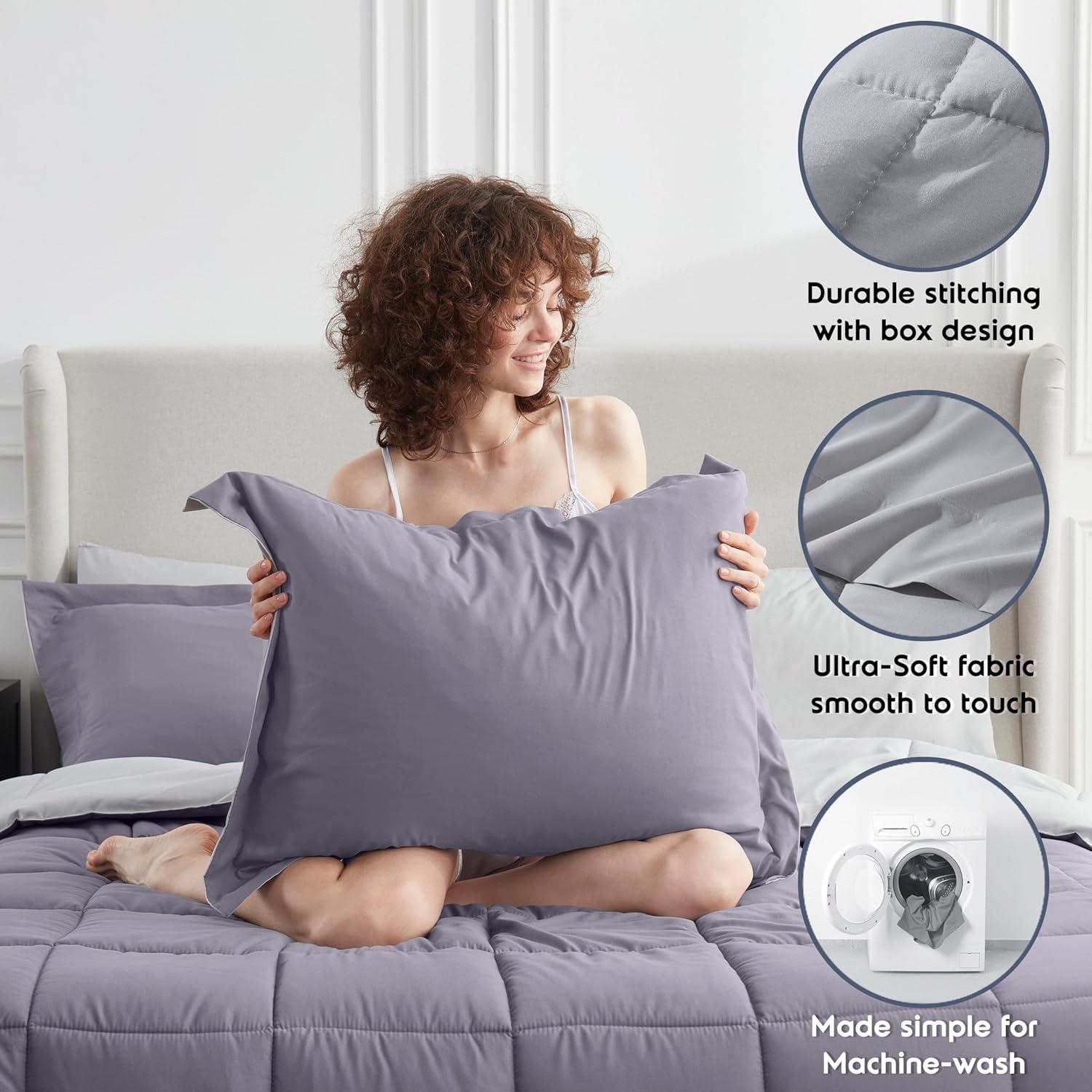 Nestl Bed in a Bag Reversible, 7 Piece Queen Size Bedding Set - Grayish Purple/Light Grey