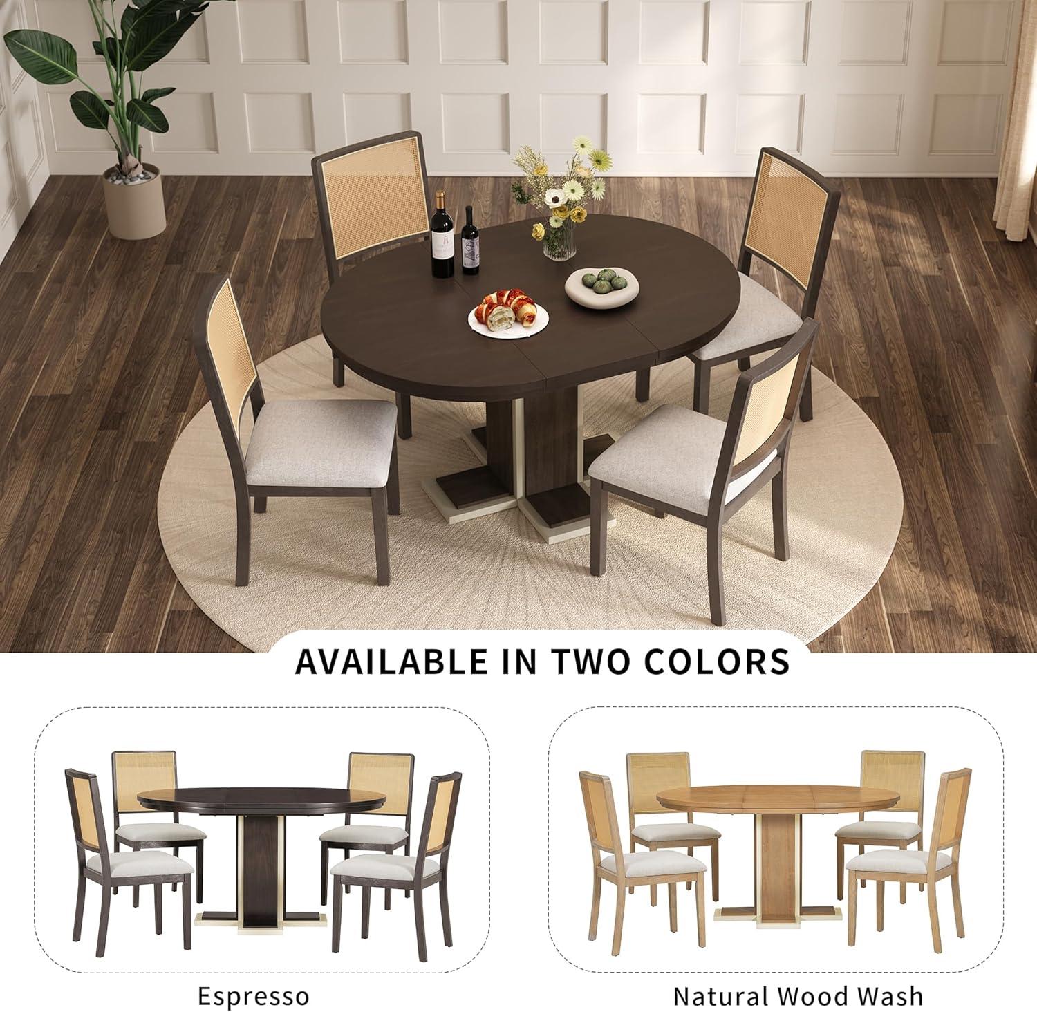 Bellemave Extendable Dining Table Set for 4, 5-Piece Round Table Set with 4 Chairs, Circle Table with Upholstered Chairs, Oval Kitchen Table Set with Extendable Table (Natural Wood Wash)