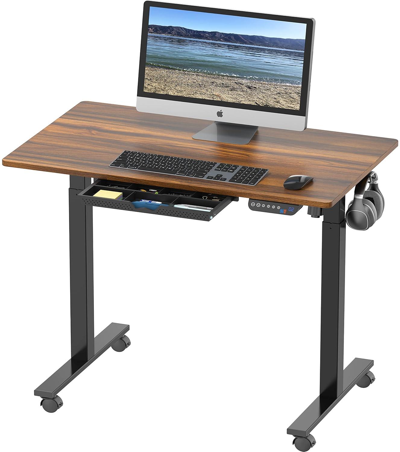 SHW 40-Inch Mobile Electric Height Adjustable Sit to Stand Desk with Drawer, Hanging Hooks and Cable Management, Walnut