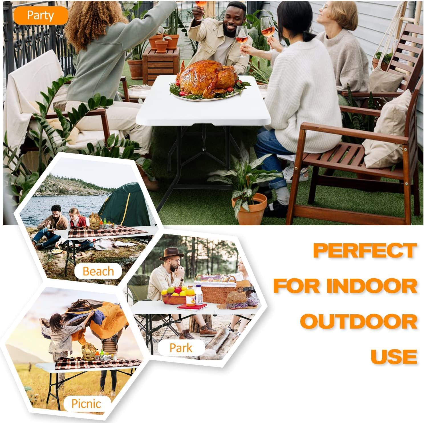 6 Foot Folding Table, Portable Plastic Dining Table, Fold-in-Half Heavy Duty Table Indoor Outdoor for Camping, Picnic, Party, BBQ, Wedding, White