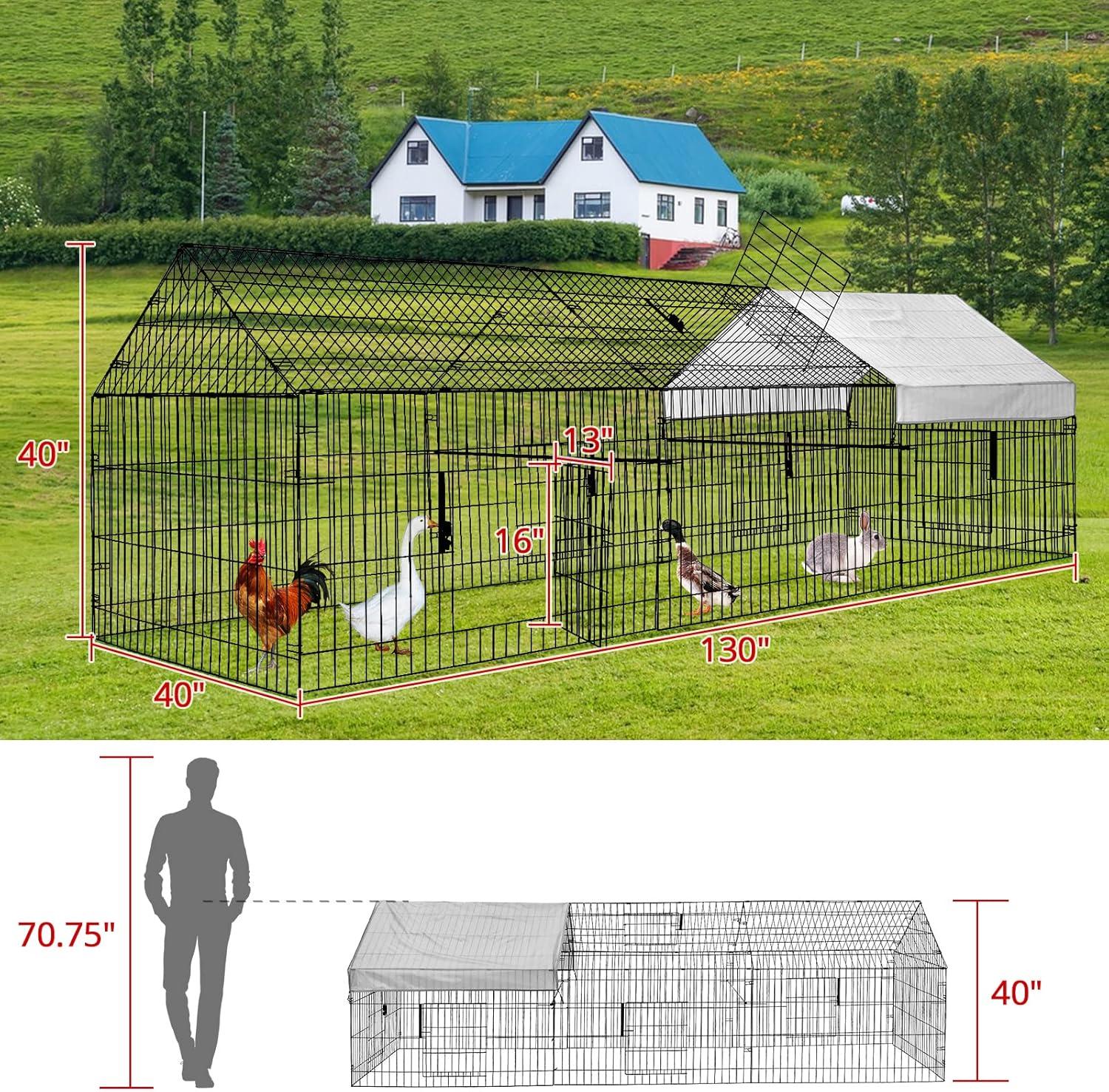 GOTGELIF  Large Metal Chicken Coop 130" x 40" Chicken Cage Hen House with Waterproof Cover
