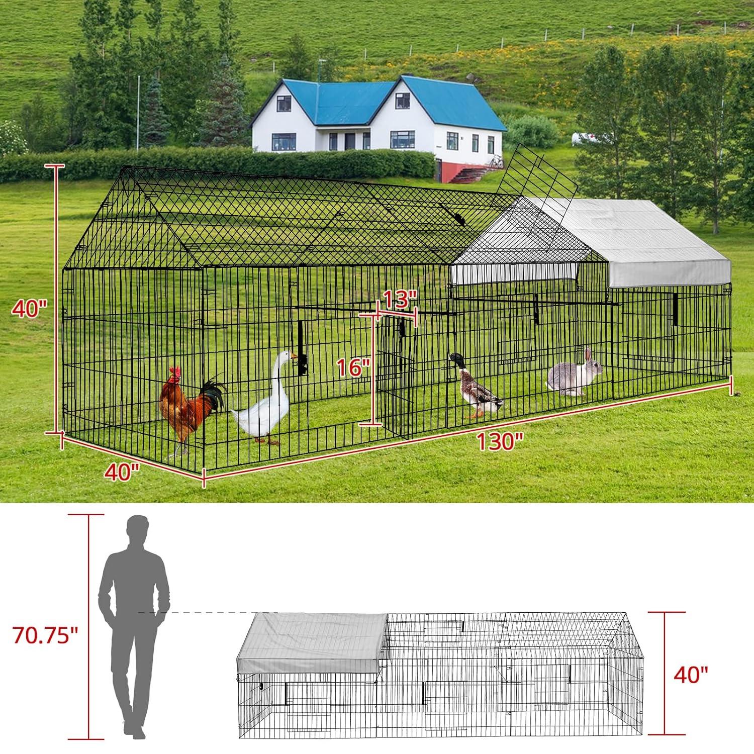 GOTGELIF  Large Metal Chicken Coop 130" x 40" Chicken Cage Hen House with Waterproof Cover