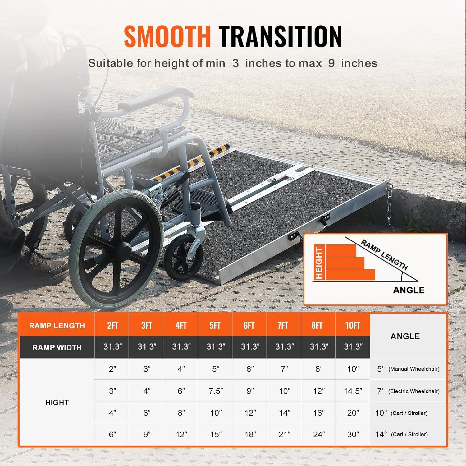 VEVOR Portable Wheelchair Ramp - 3 ft, 800 lbs Capacity, Non-Slip Aluminum, Folding Threshold Ramp for Mobility Scooters, Suitable for Home Steps, Stairs, Doorways, Curbs