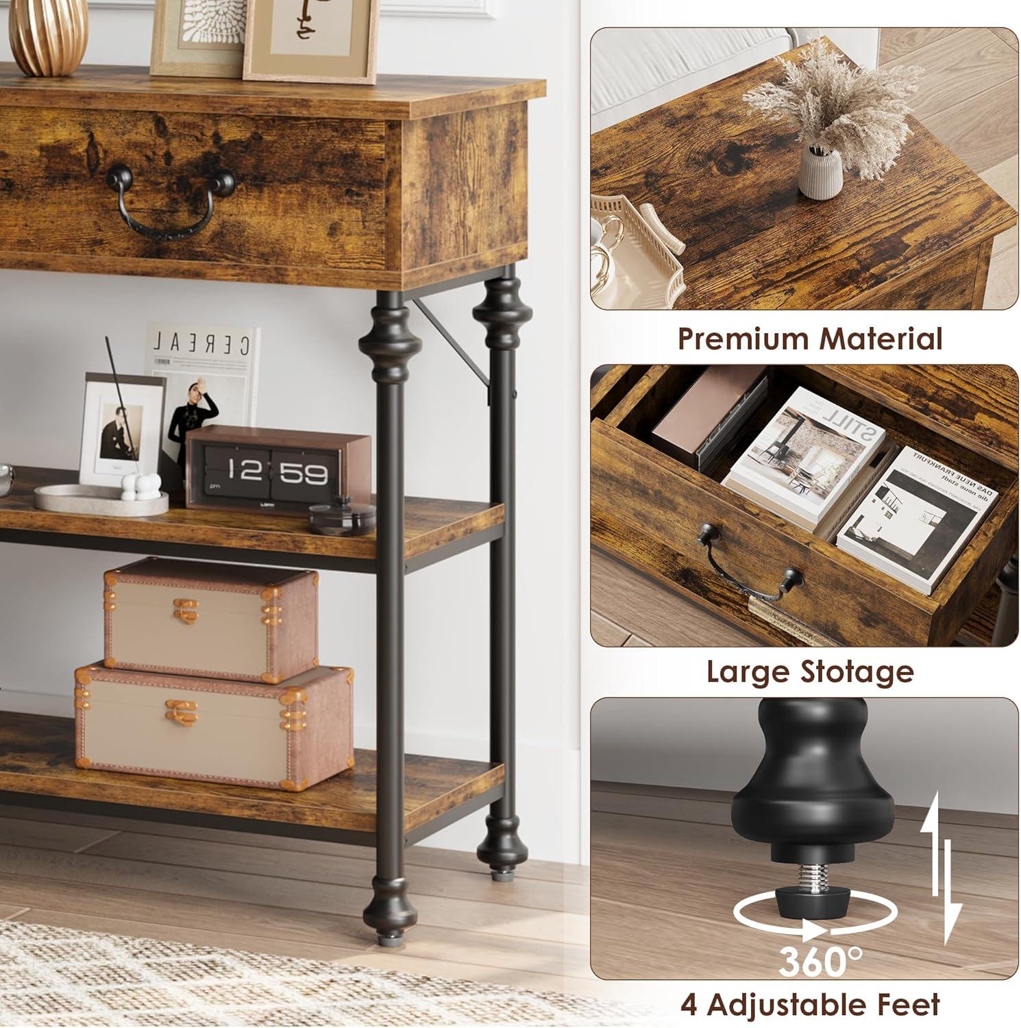 Rustic Brown Wood and Metal Console Table with Storage Shelves