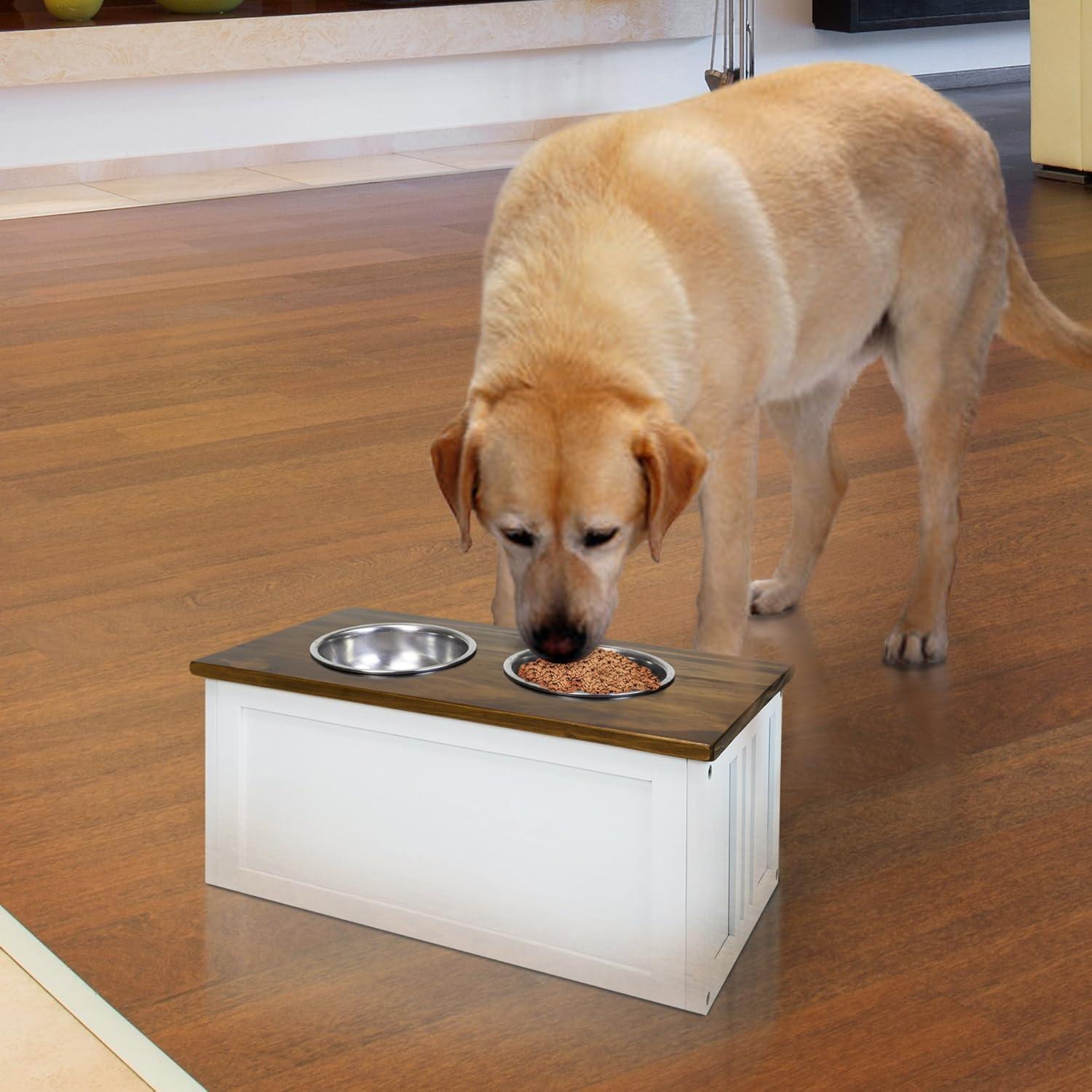 Two-Tone White and Brown Wooden Pet Feeder with Storage