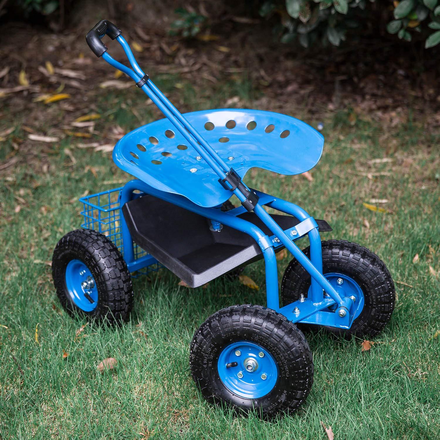 Rolling Garden Cart Scooter Stool - Garden Seat with Wheels Garden Cart with Seat, Adjustable Handle 360 Degree Swivel (Blue)
