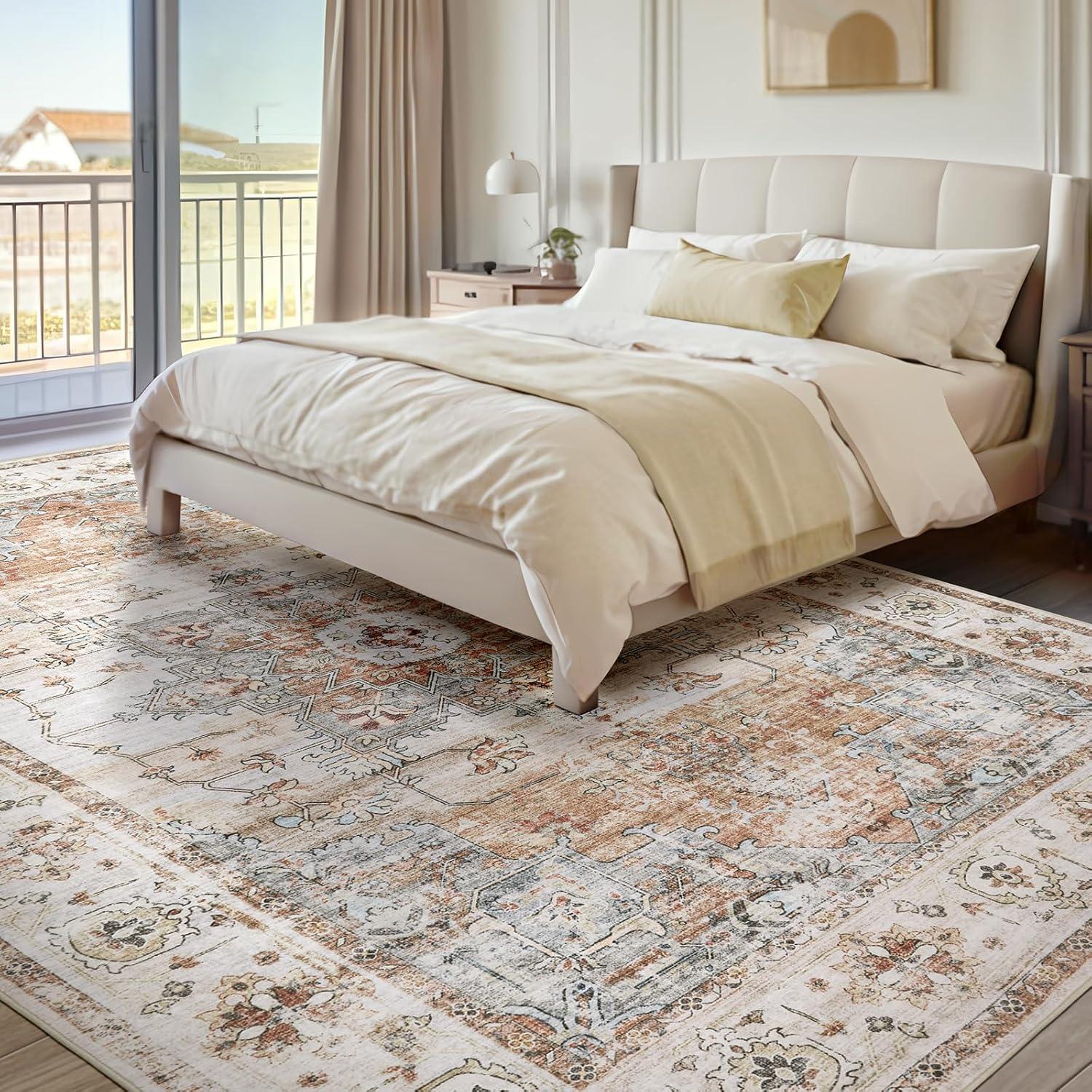GlowSol 8x10 Floral Area Rug for Living Room Bedroom Retro Distressed Area Rug Traditional Medallion Non-Slip Low Pile Carpet Floor Decoration, Blue