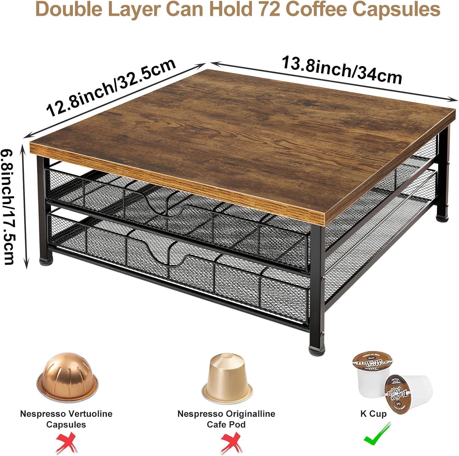 Coffee Pod Holder for K Cup Holder Drawer Holder, Coffee Pod Drawer For Counter, 2 Tier K-Cup Storage With Sliding Baskets, 72 Capacity Pods Organizer Cups Capsule for Coffee Station, Brown