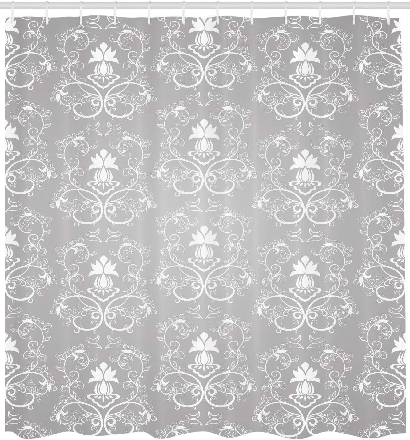 Gray and White Damask Fabric Shower Curtain 69" x 75"