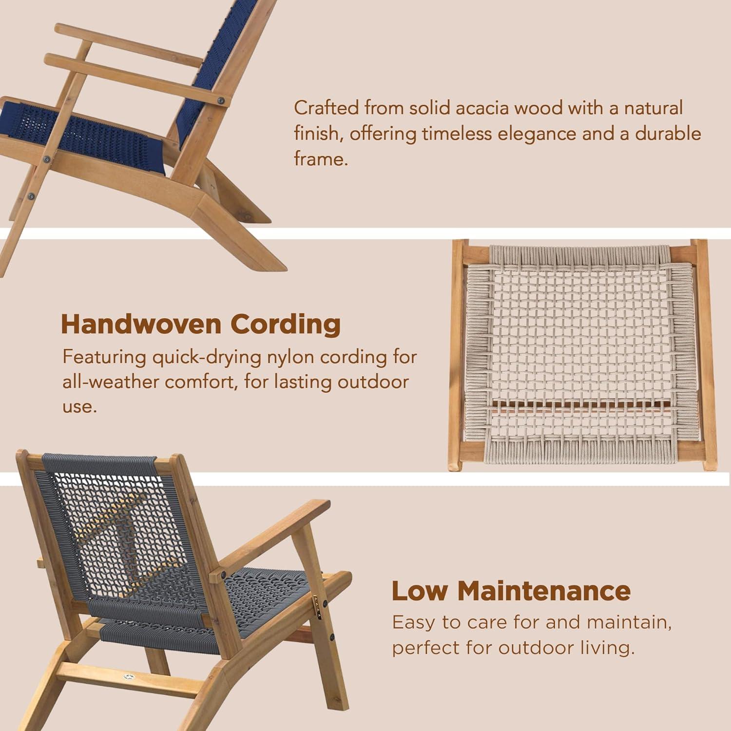 Balkene Home Patio Sense Vega Natural Stain Chair ,Acacia Wood Construction ,Woven Web Seat- Navy Blue Cording