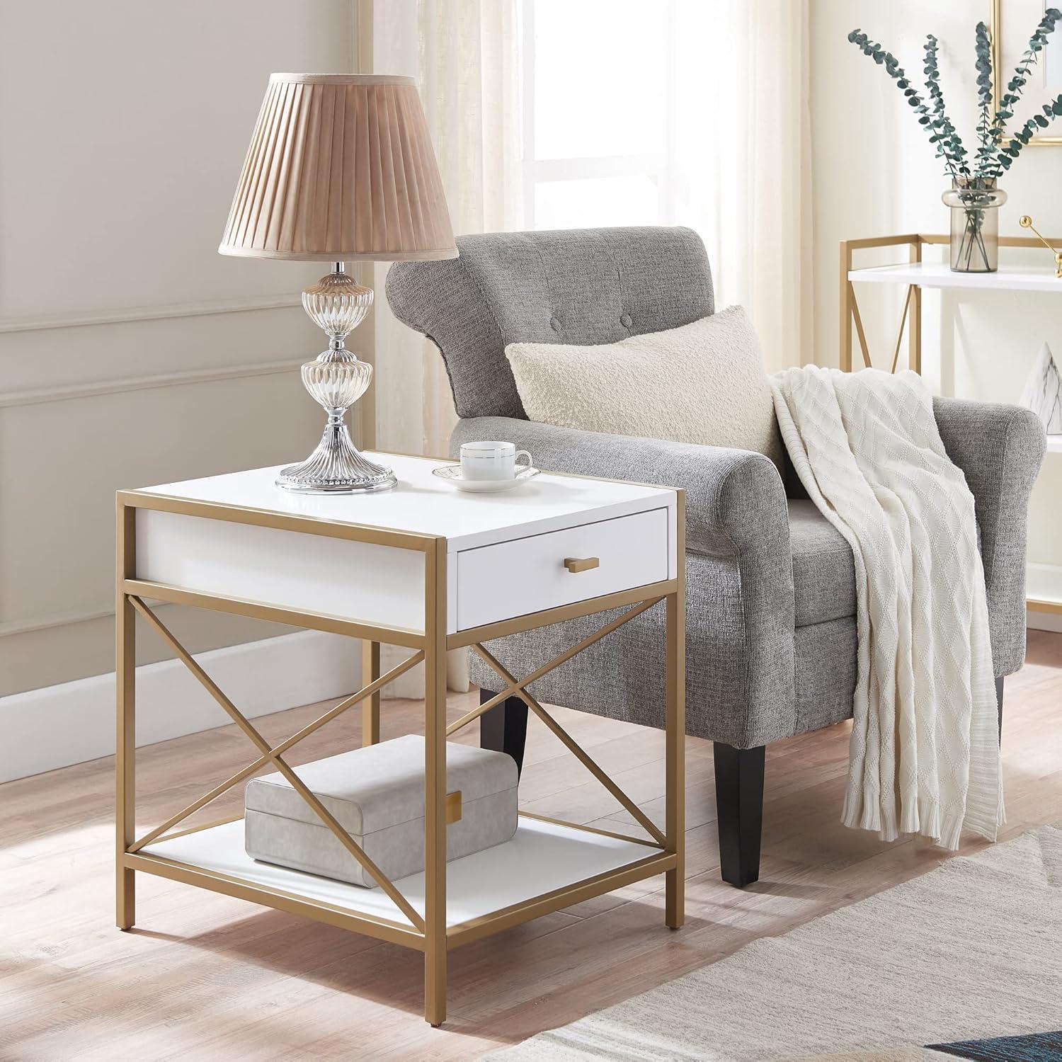 Leick Home Claudette Mixed Metal and Wood 1-Drawer End Table with Shelf, White/Gold