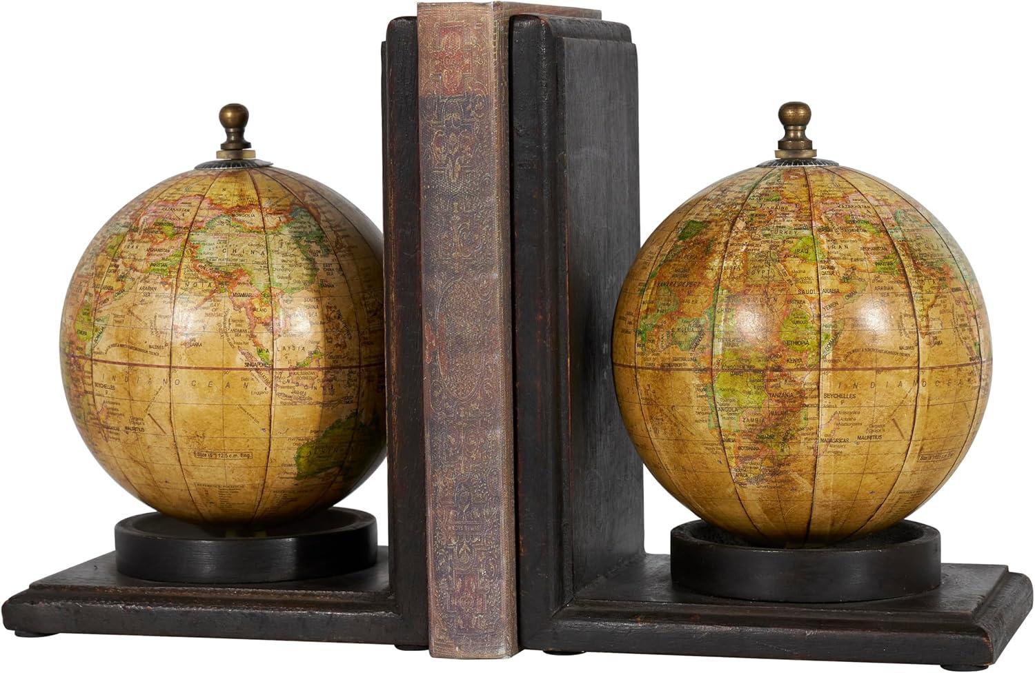 DecMode 6" Globe World Map Brown Wood Bookends (Set of 2)