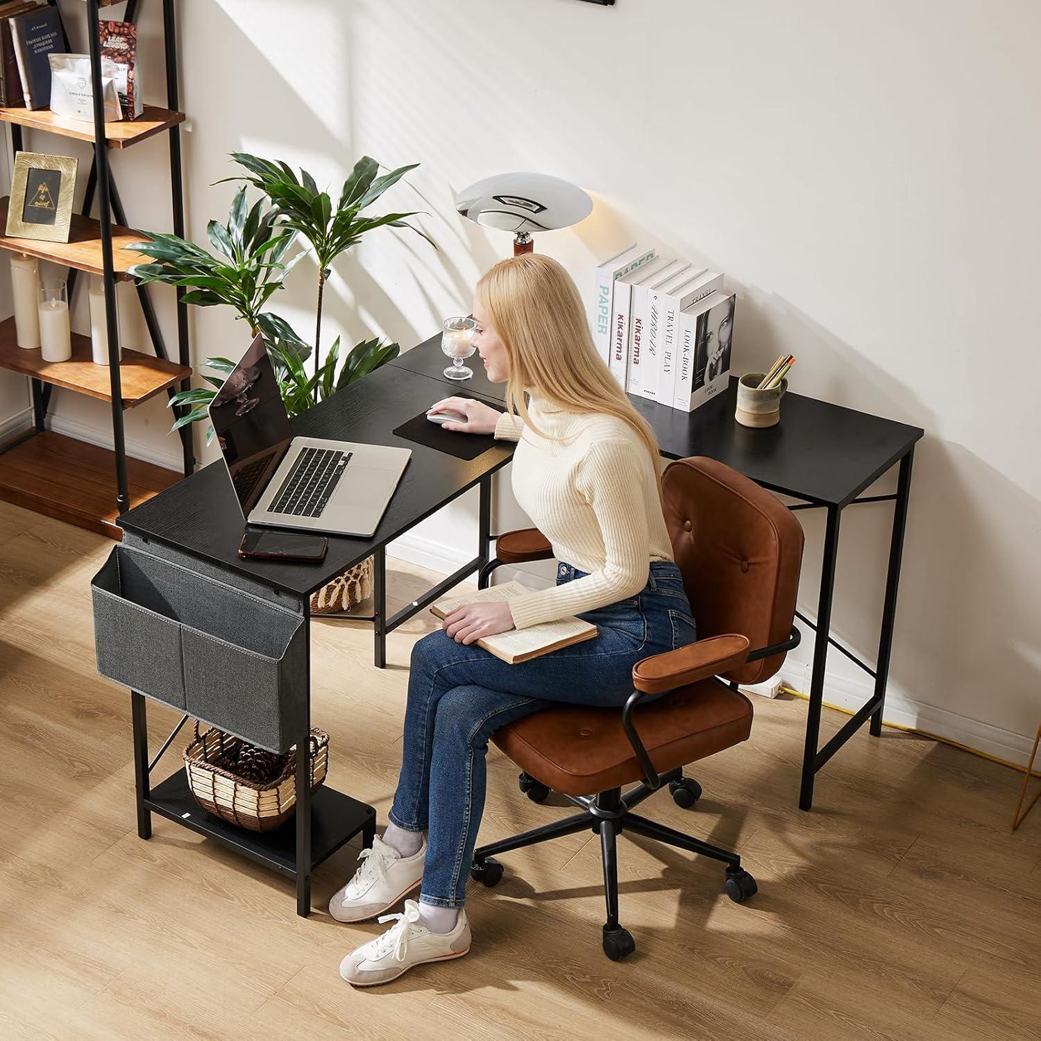 Black L-Shaped Gaming Desk with Headphone Hook and Wood Finish