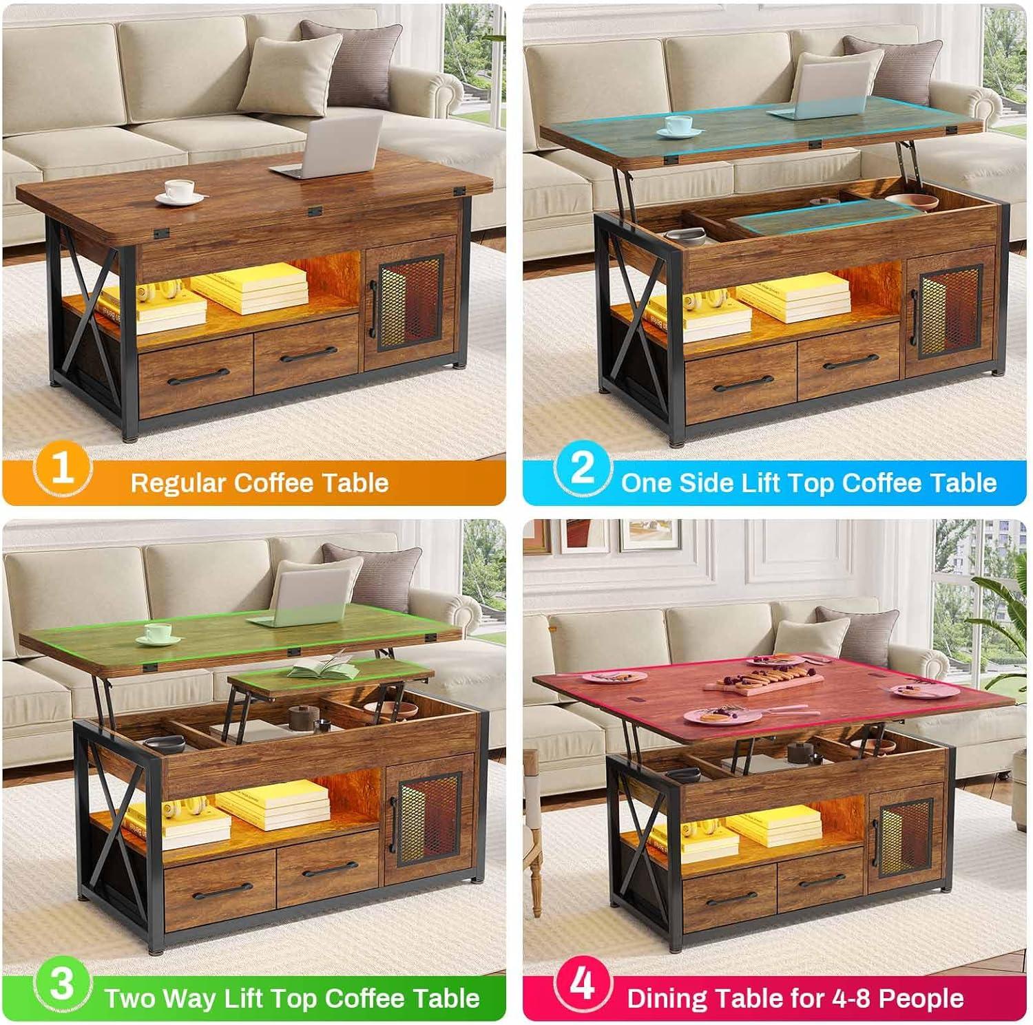 Lift Top Coffee Table with Storage Cabinet,4 in 1 Coffee Tables with 2 Fabric Drawers & LED Light for Living Room Dining Room,Small Farmhouse Coffee Table,Brown