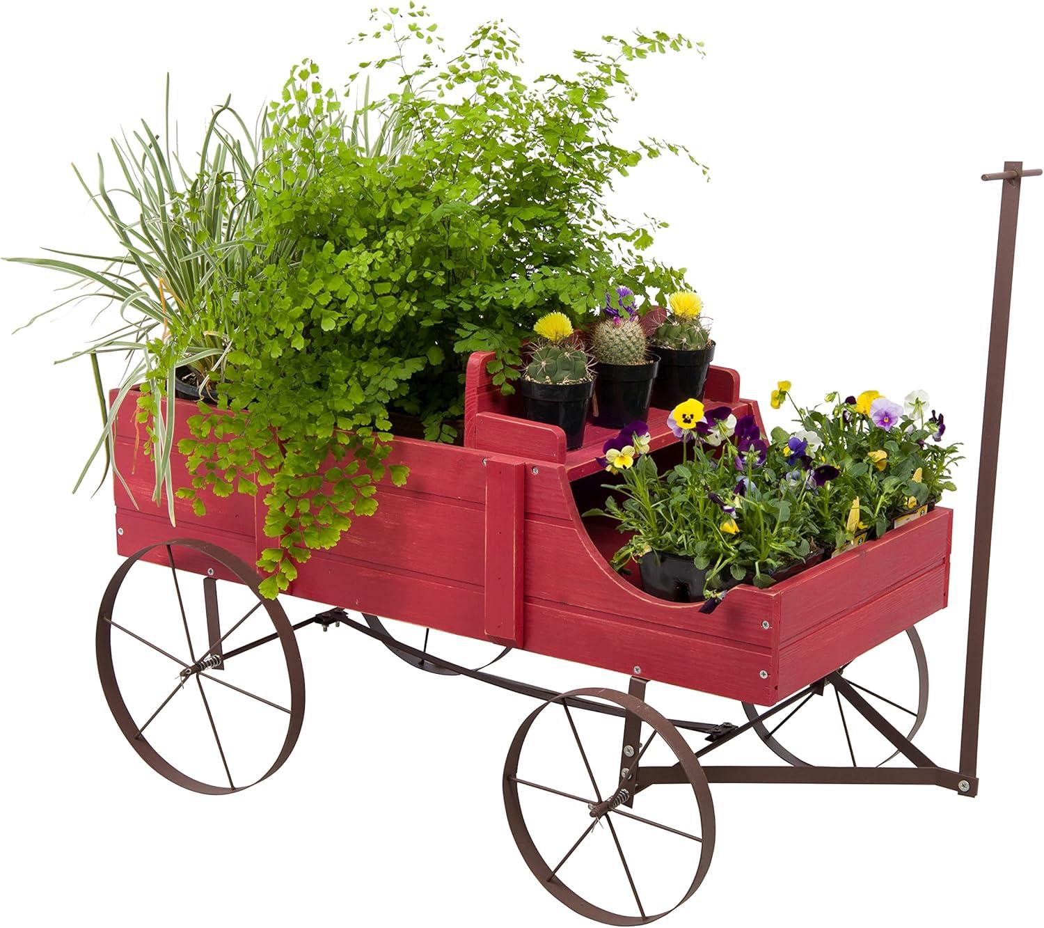 Red Wooden Buckboard Wagon Garden Planter