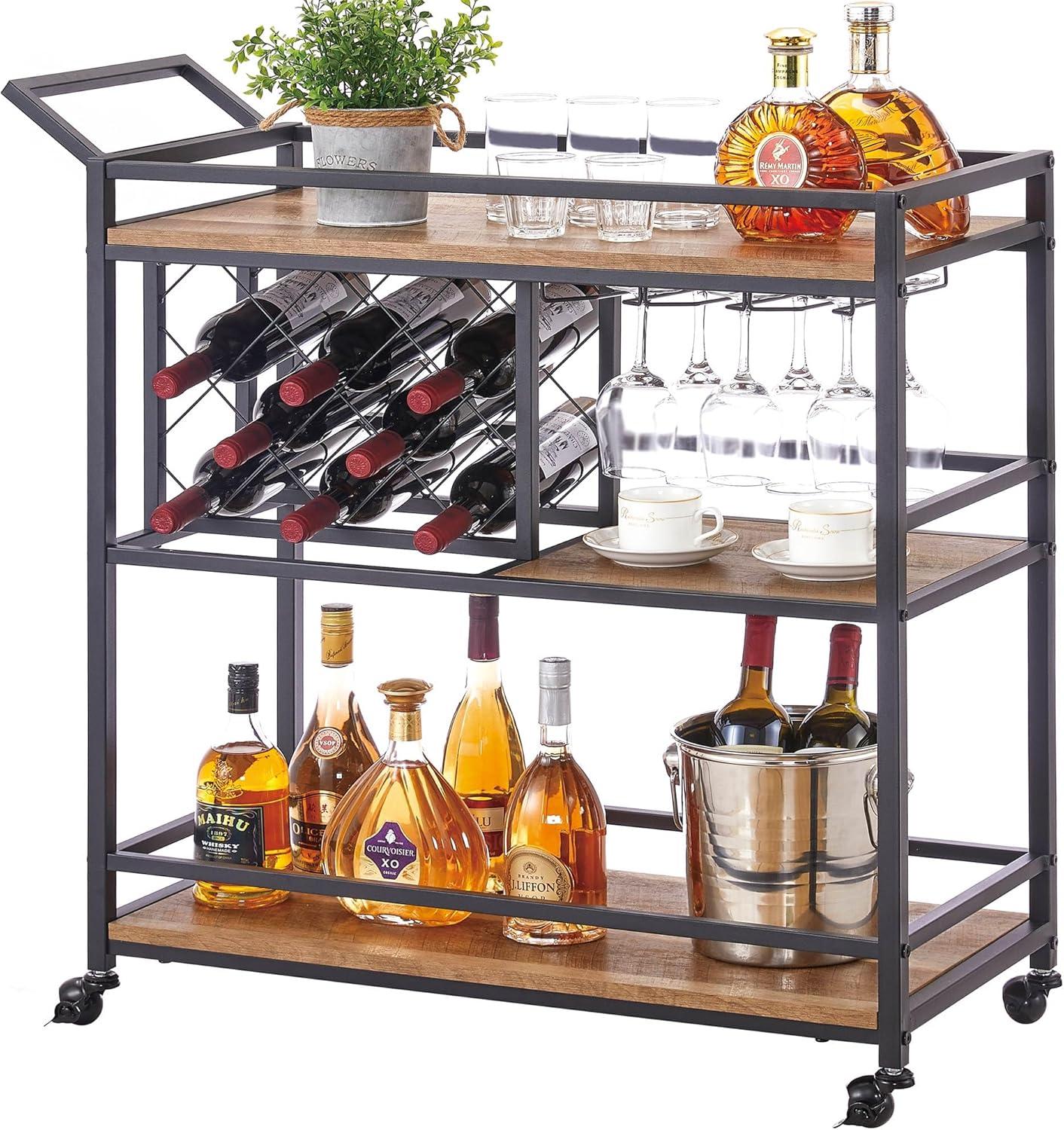 17 Stories Bar Cart For The Home, Rolling Wine Carts On Wheels With 3 Tier Wood Shelves, Liquor Beverage Cart With Wine Rack And Glass Holder