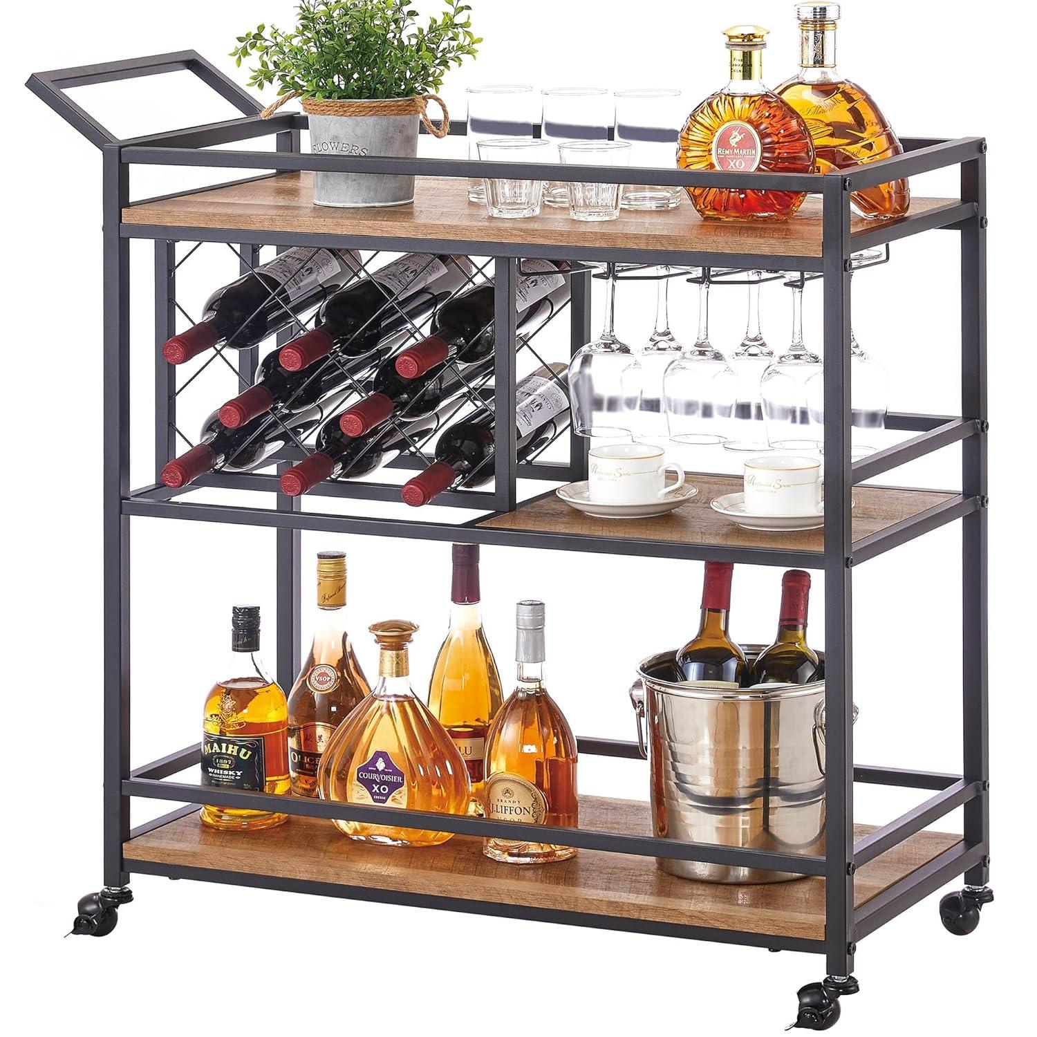 17 Stories Bar Cart For The Home, Rolling Wine Carts On Wheels With 3 Tier Wood Shelves, Liquor Beverage Cart With Wine Rack And Glass Holder