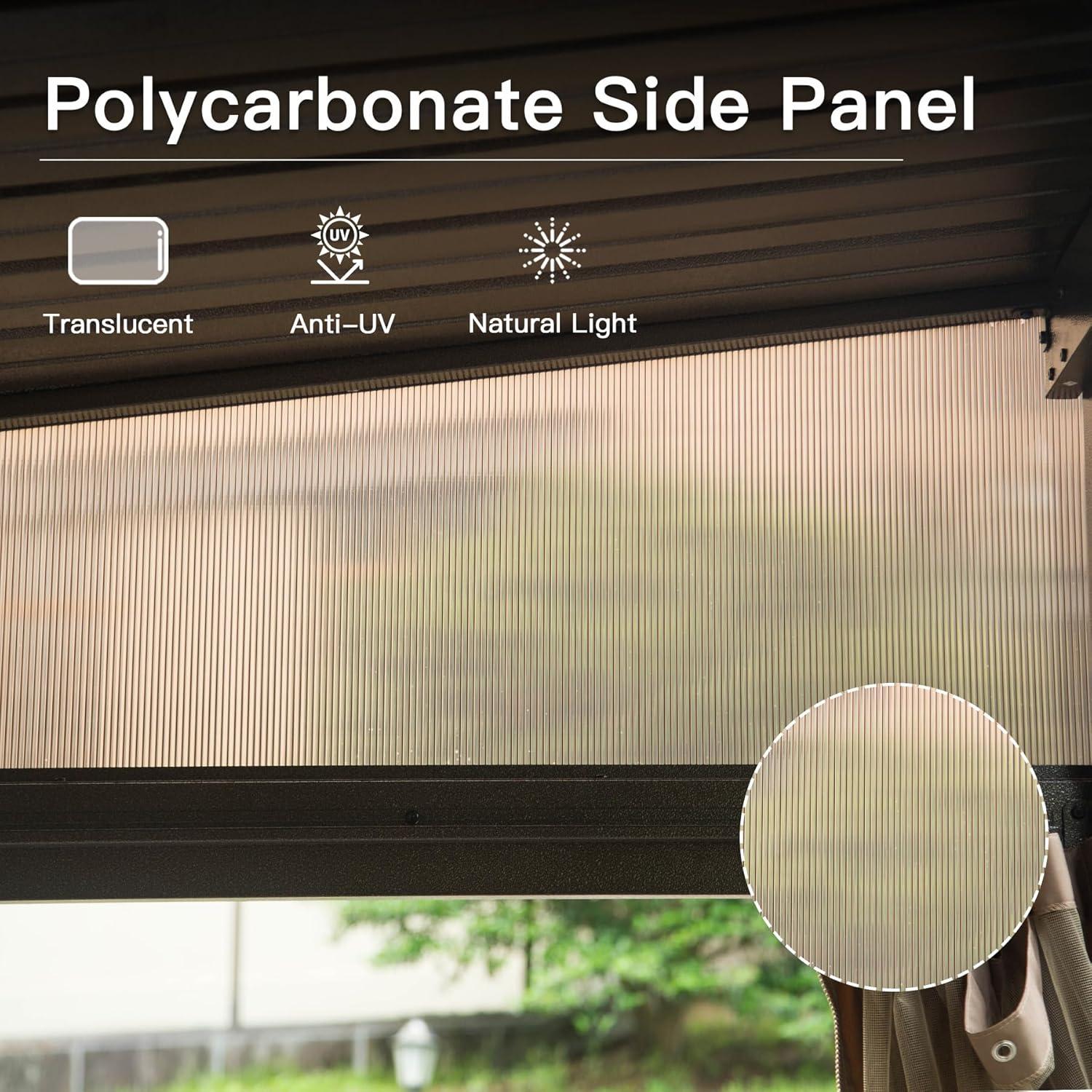 Domi 10x12FT Lean to Gazebo, Hardtop Wall Mounted Gazebo with Sloping Galvanized Steel Roof, Wall Pergola with Aluminum Frame, Curtains and Netting, for Patio, Deck, Garden, Backyard