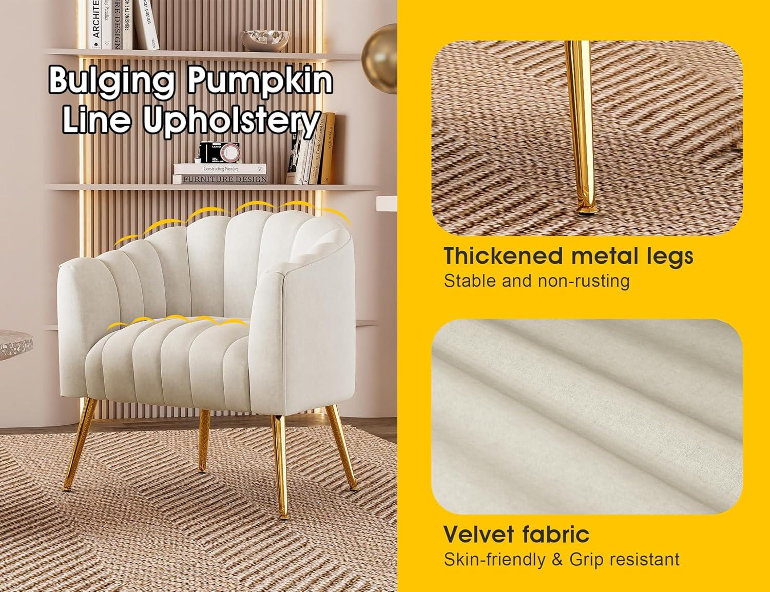 Beige Velvet Barrel Accent Chair with Gold Legs