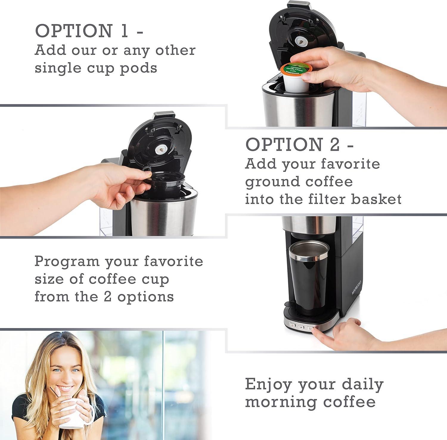 Mixpresso Coffee Maker Single Serve For Ground Coffee & Compatible With K Cup Pods, With 14oz Travel Mug & Reusable Filter For Home, Office & Camping, 30oz Removable Water Tank.