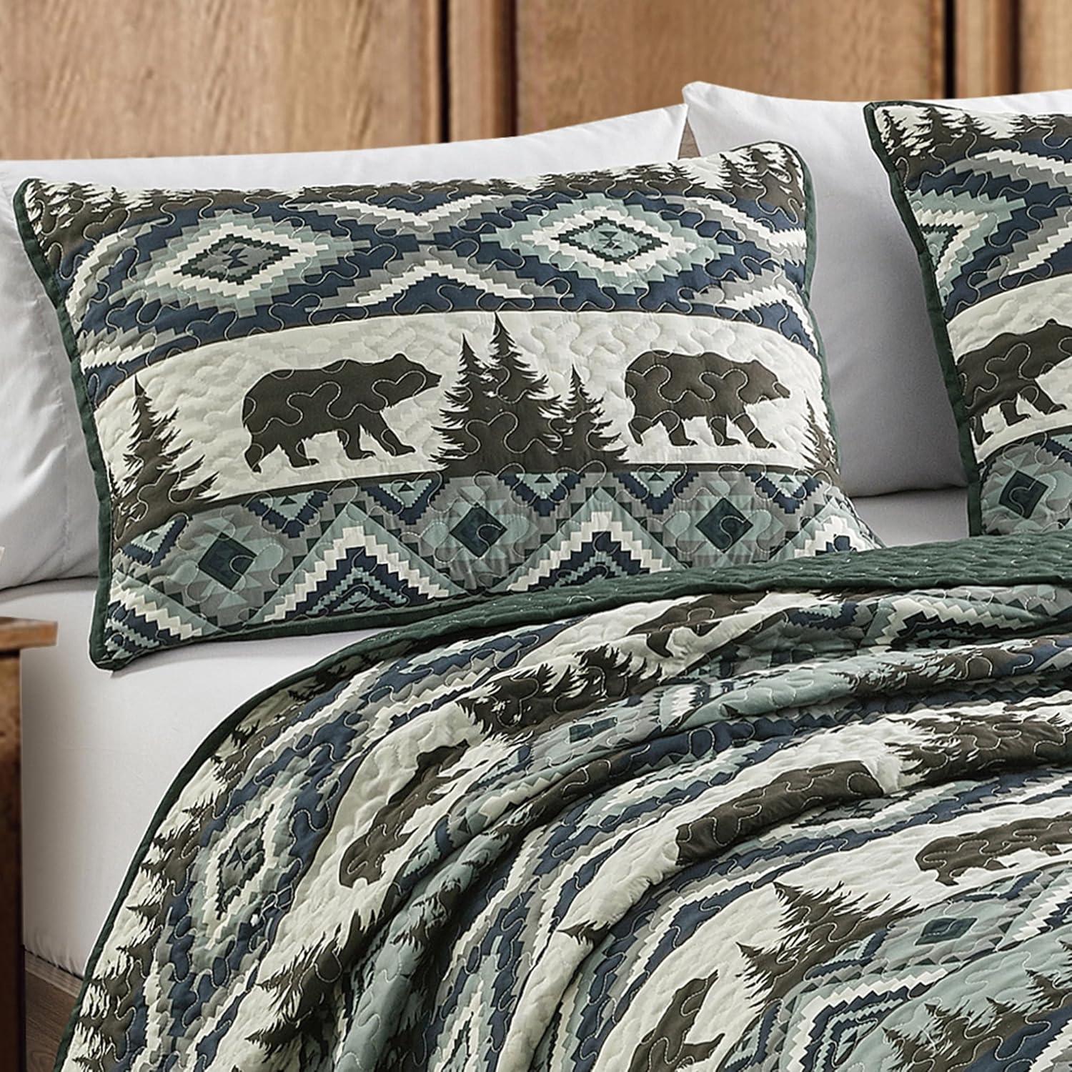 ESCA Farmhouse Boho Brown Bears Bedspread with 2 Pillow Shams - Full/Queen Size, 3-Piece Brown Rustic Cabin Lodge Quilt Set