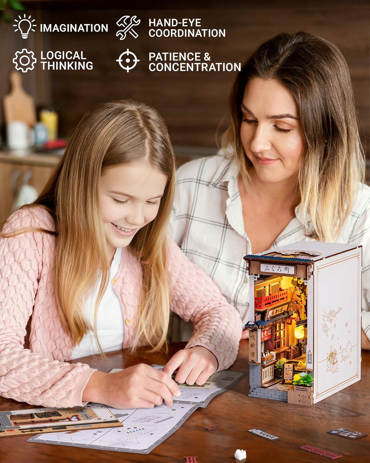 Rolife Book Nook 3D Jigsaw Puzzle Sakura Wine Alley Wooden Model Building Kit Decorative Bookend Stand DIY Bookshelf Insert Decor Gift for Teen Adults