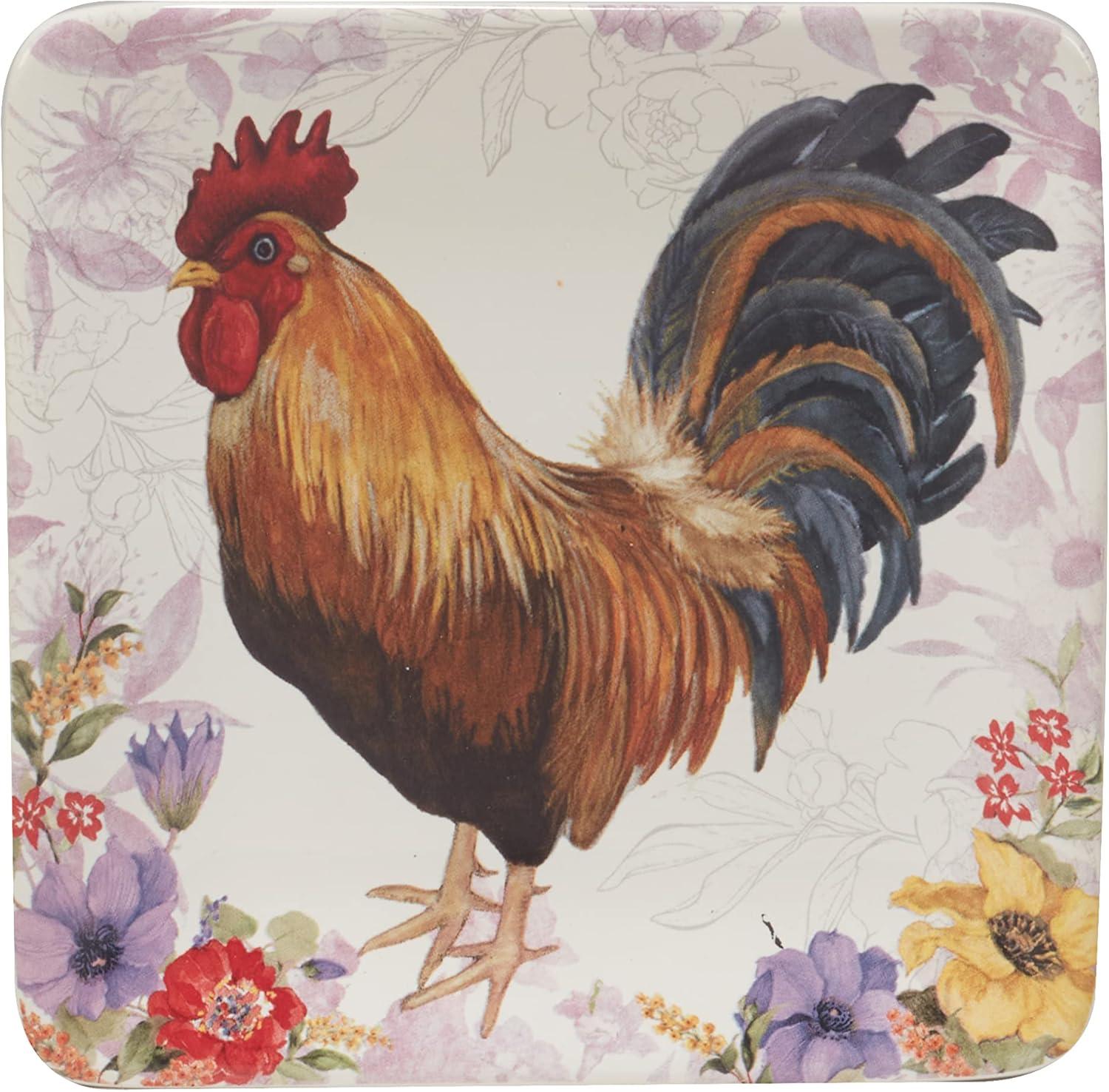 Hand-Painted Ceramic Rooster Square Salad Plates, Set of 4