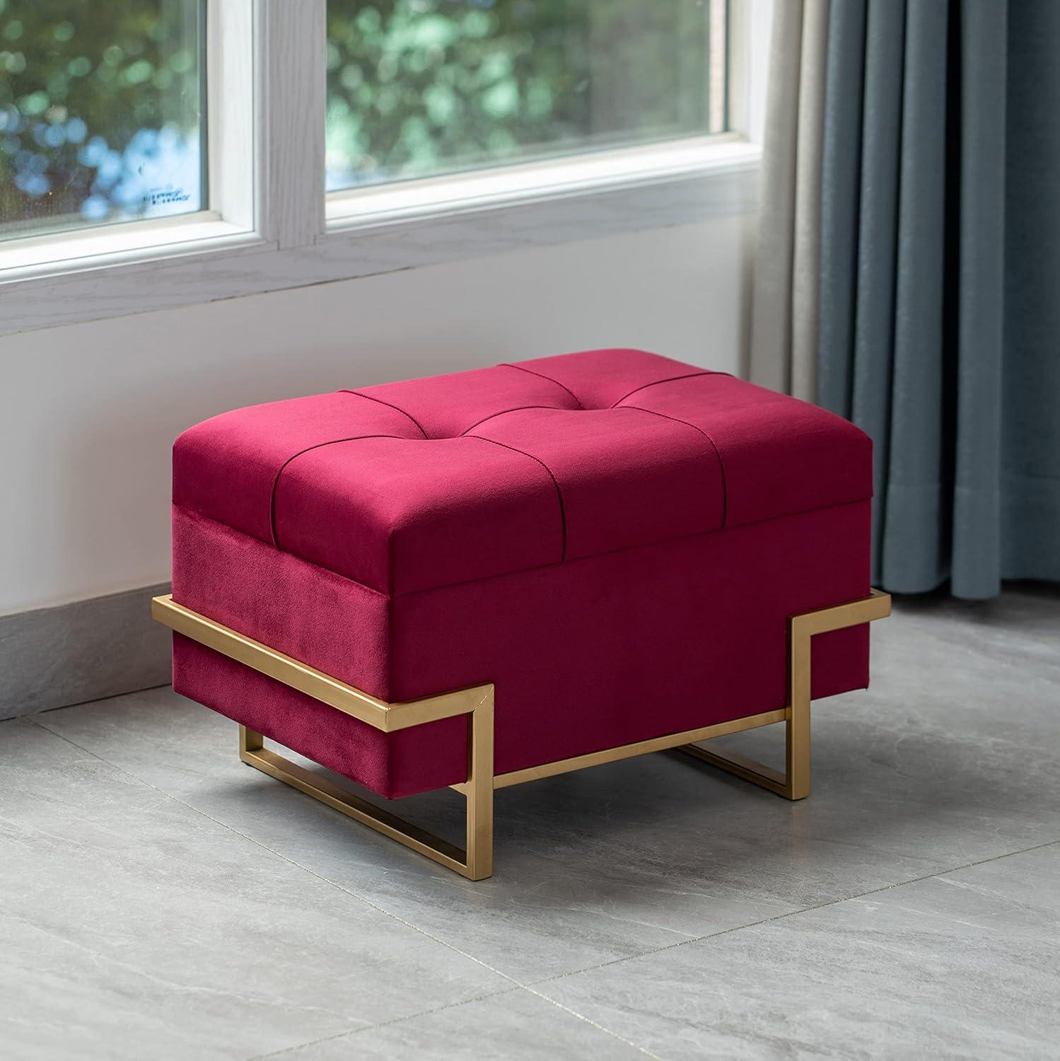 Velvet Red Storage Ottoman with Golden Abstract Legs