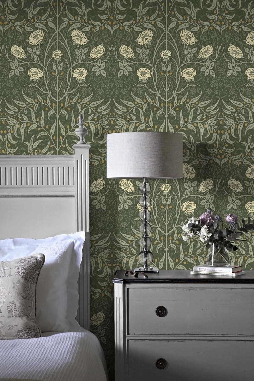 NextWall Stenciled Floral Peel and Stick Wallpaper Green: Vintage Botanical Vinyl, Self-Adhesive, Repositionable, 30.75 Sq Ft Coverage