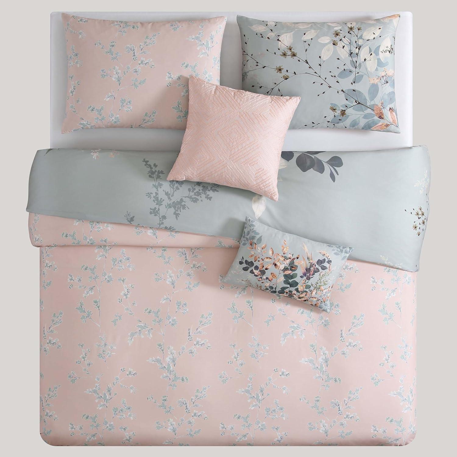 Bebejan Peach Leaves on Sage 100% Cotton 5-Piece Reversible Comforter Set