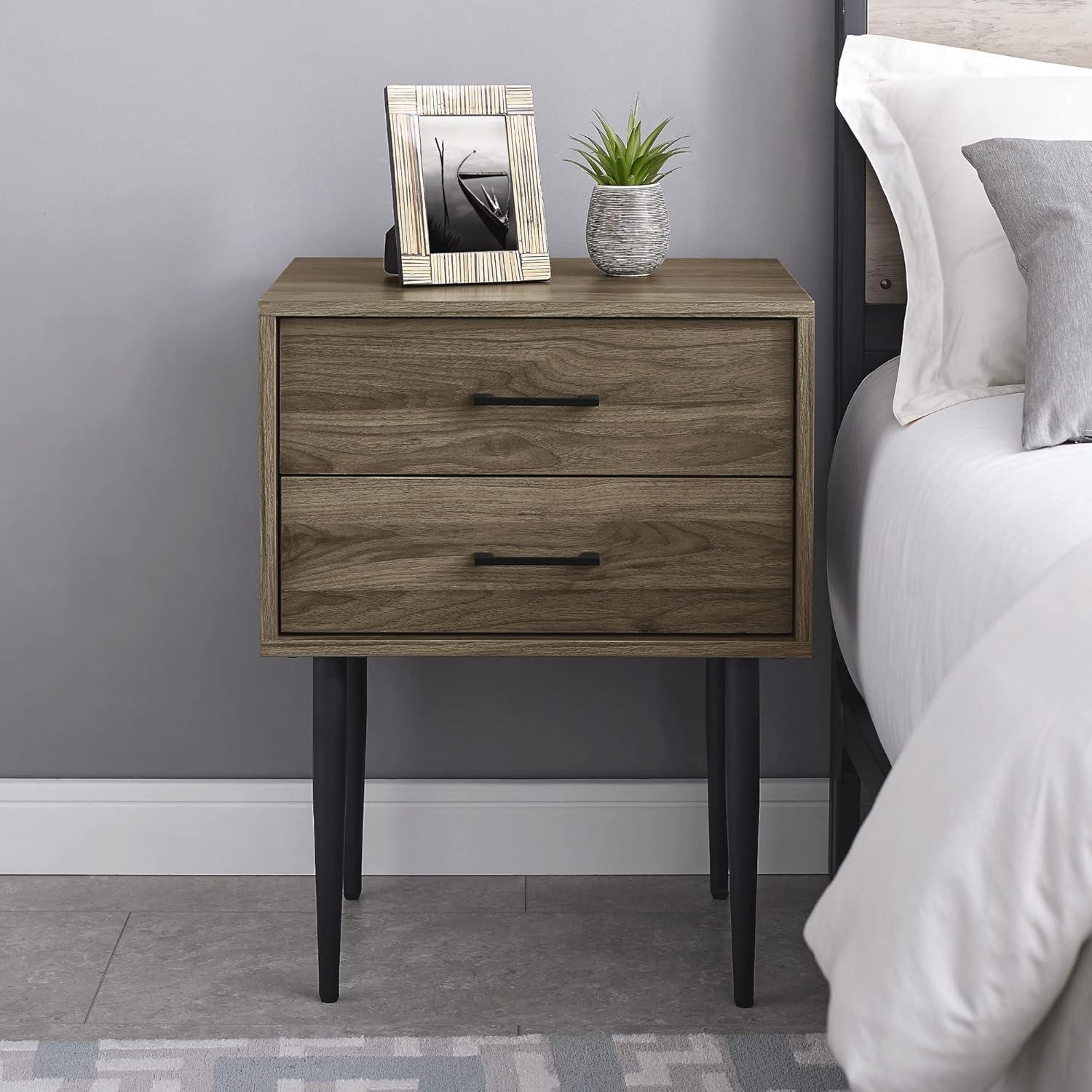 Walker Edison Mid Century Modern Two-Drawer Nightstand, Black