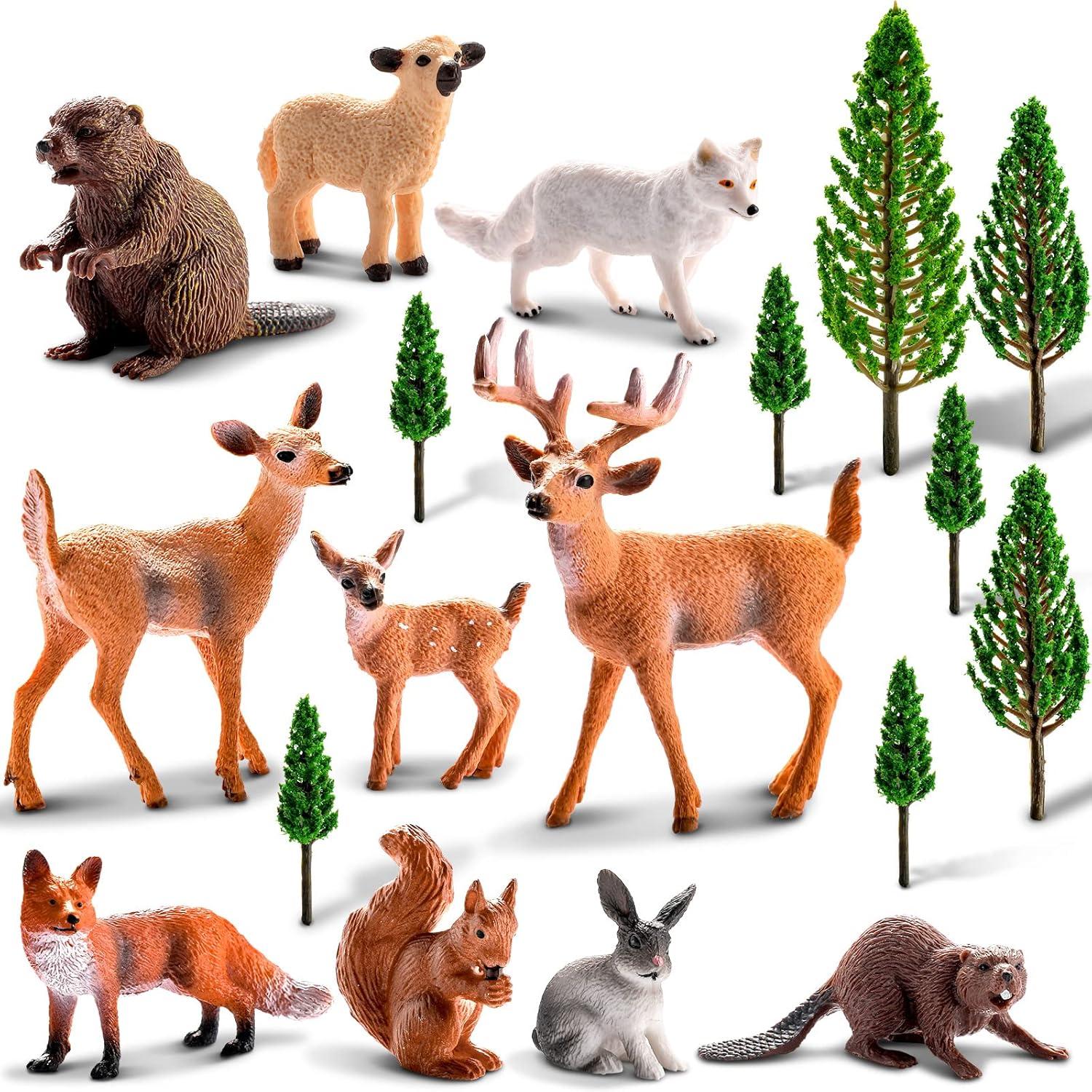 18 Pcs Forest Animals Figurines Woodland Animals Toys Model Trees Kit Miniature Plastic Animals Toys Realistic Wild Forest Animals for Cake Toppers Birthday Party Favor(Forest Animals)