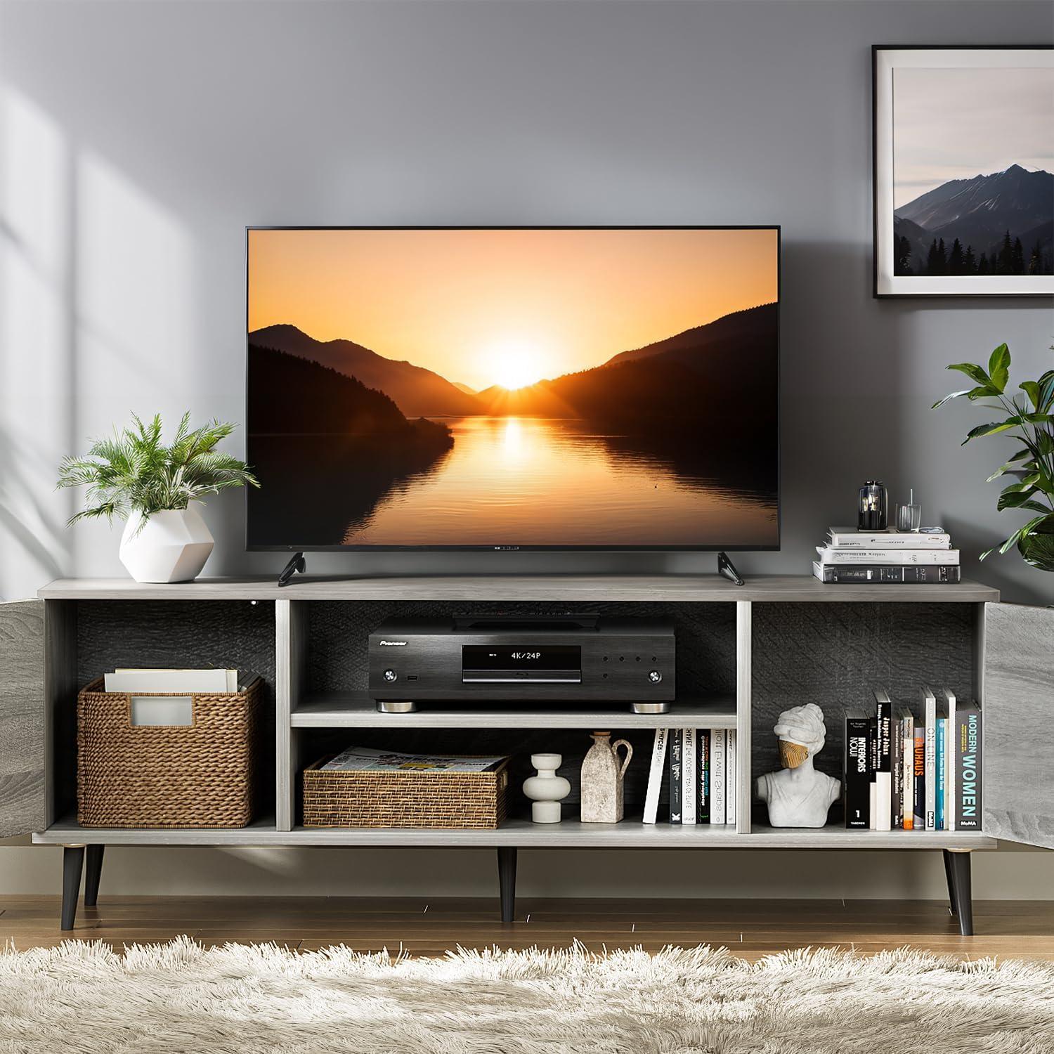 Modern Gray Wood TV Stand with Cabinets and Pop-up Doors