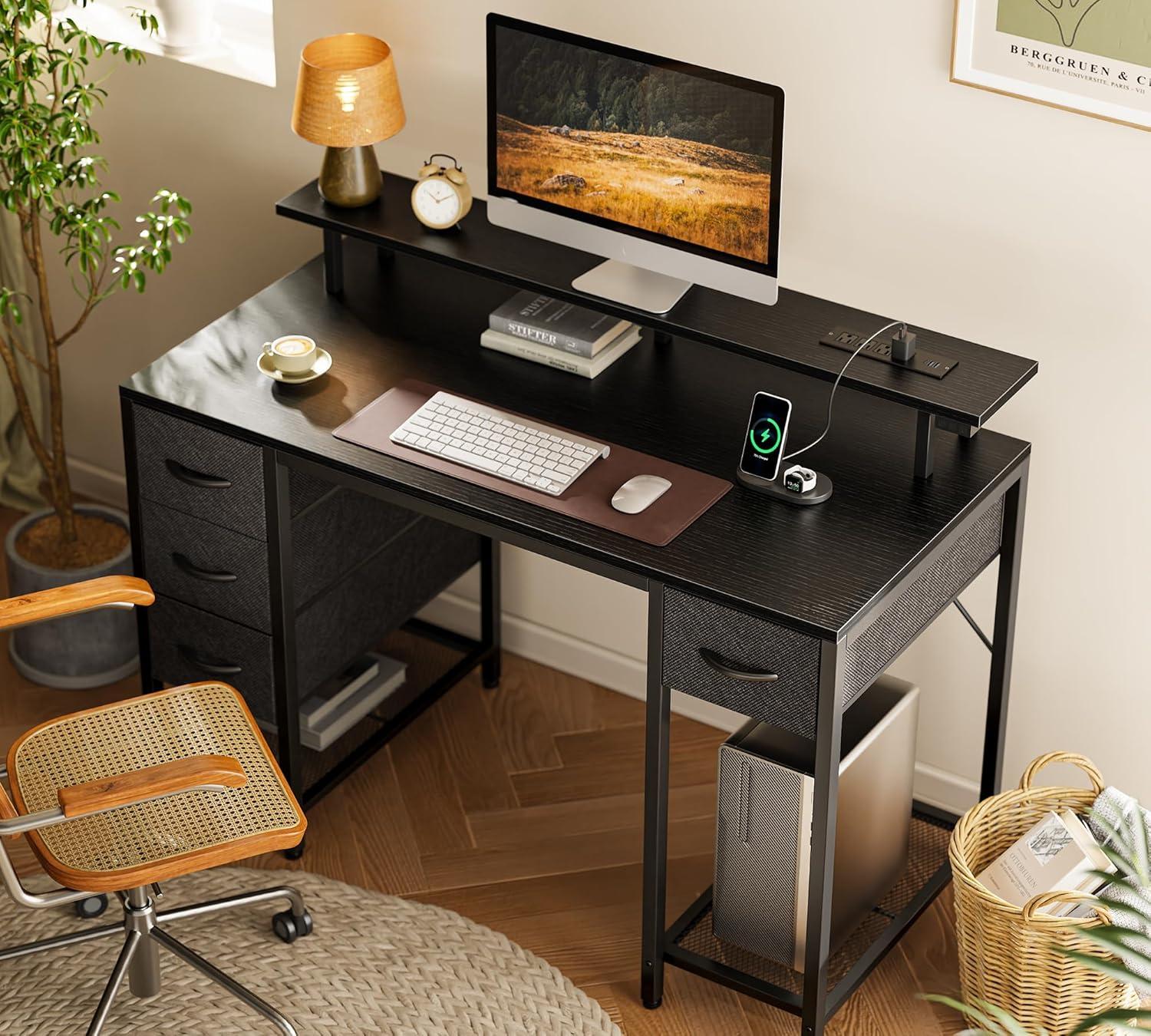 Black Rectangular Gaming Desk with LED Lights, Drawers, and Power Outlets