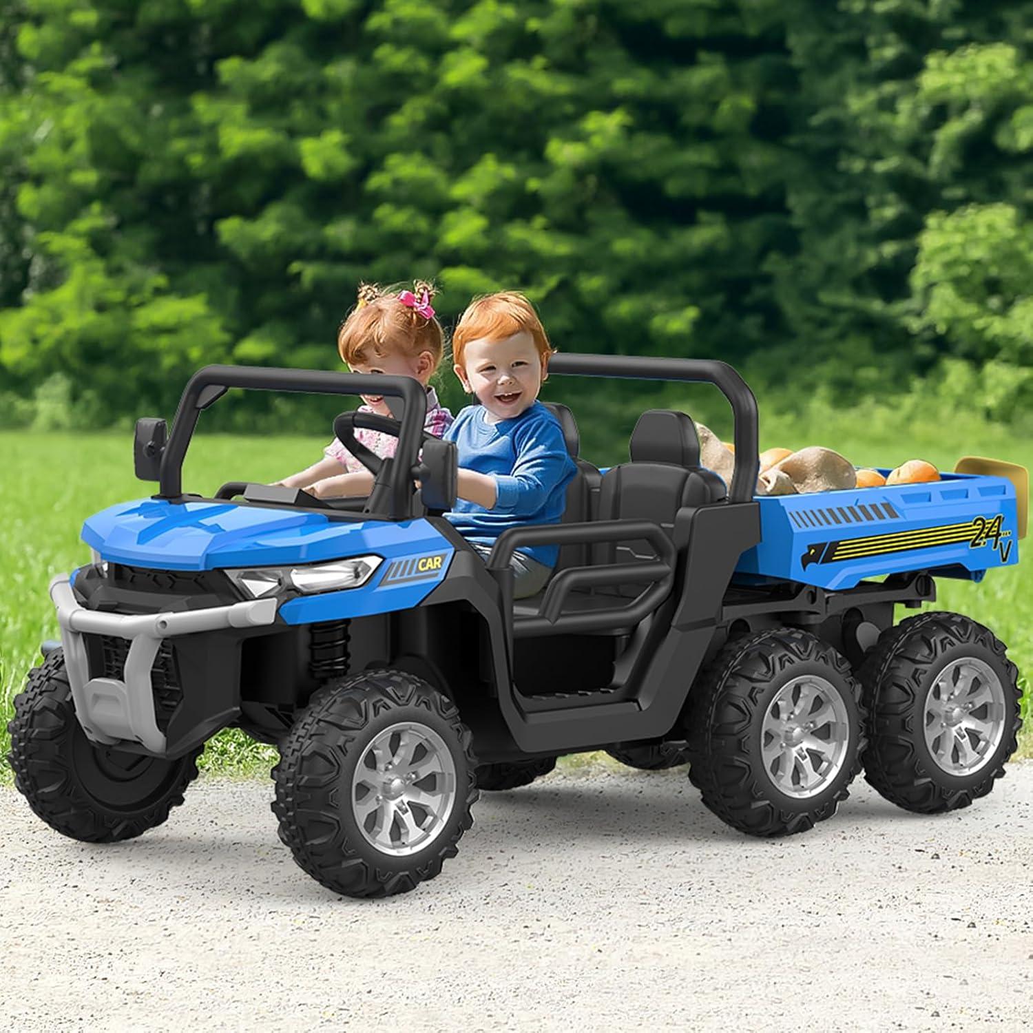 Hetoy 24V Ride on Toys, 2 Seater 6-Wheel UTV Car, 4WD Ride on Dump Truck for Big Kids with Trailer Remote Control, Blue