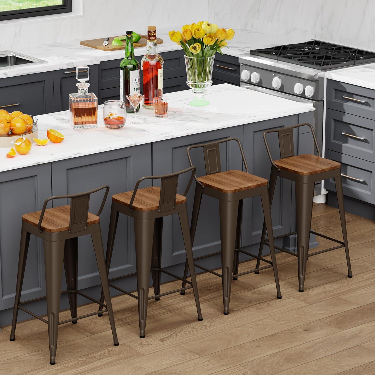 WENTMENT Bar Stools Set of 4 Counter Height Bar Stools Metal Barstools with Removable Back 30" Kitchen Bar Stools with Wooden Seat, Rusty