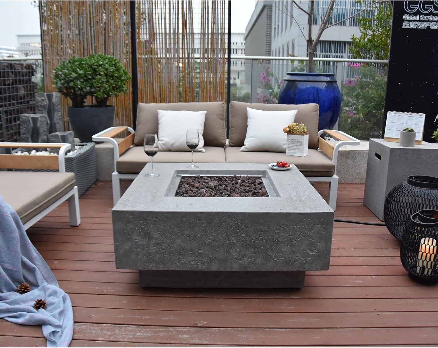 Gray Concrete Gas Fire Pit Table with Lava Rocks