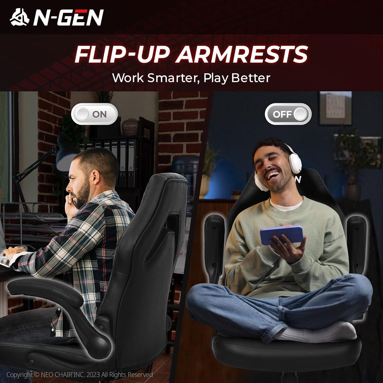 Neo Chair N-GEN Adjustable Ergonomic Faux Leather Swiveling PC & Racing Game Office Desk Chair with Flip-Up Arms