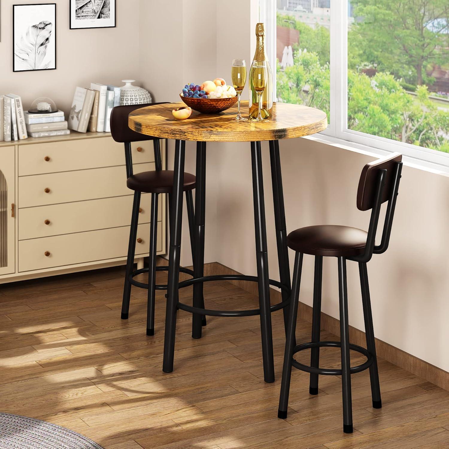 Recaceik 3 Piece Pub Dining Set, Modern Round bar Table and Stools for 2 Kitchen Counter Height Wood Top Bistro Easy Assemble for Breakfast Nook Living Room Small Space Restaurant, Rustic Brown