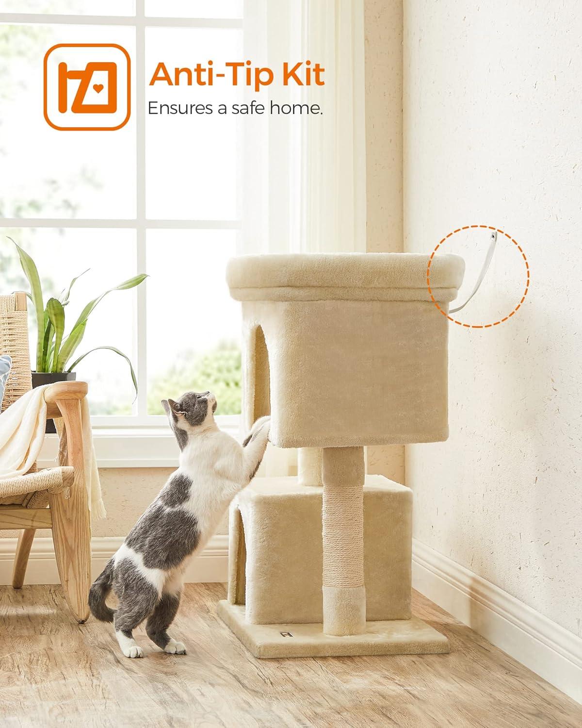 Feandrea Cat Tree 33.1-Inch Cat Tower for Large Cats up to 16 lb, Large Perch, 2 Cat Caves, Scratching Post, Beige