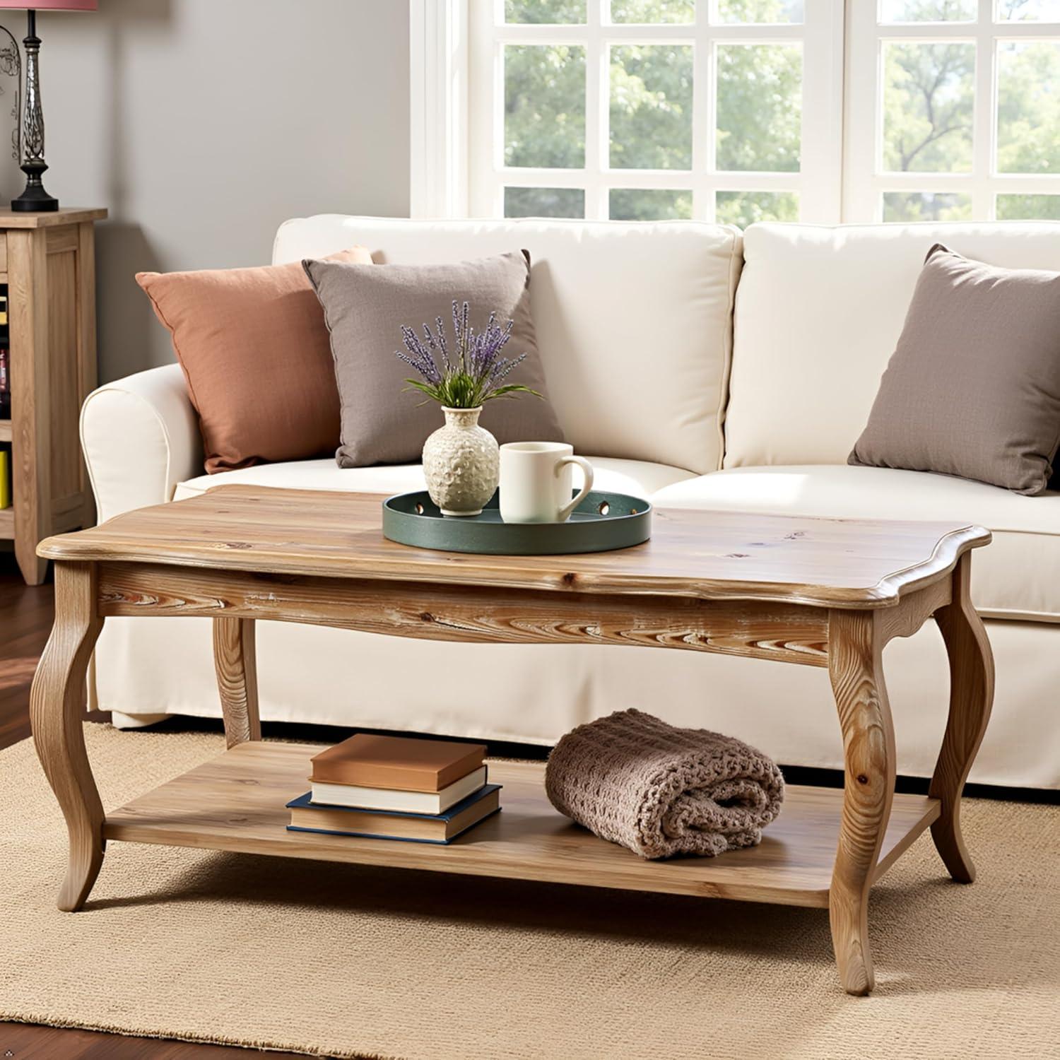 Alaterre Austerity Wood Coffee Table with Open Shelf, Driftwood Natural Finish, Accent & Occasional Furniture, Assemble Required