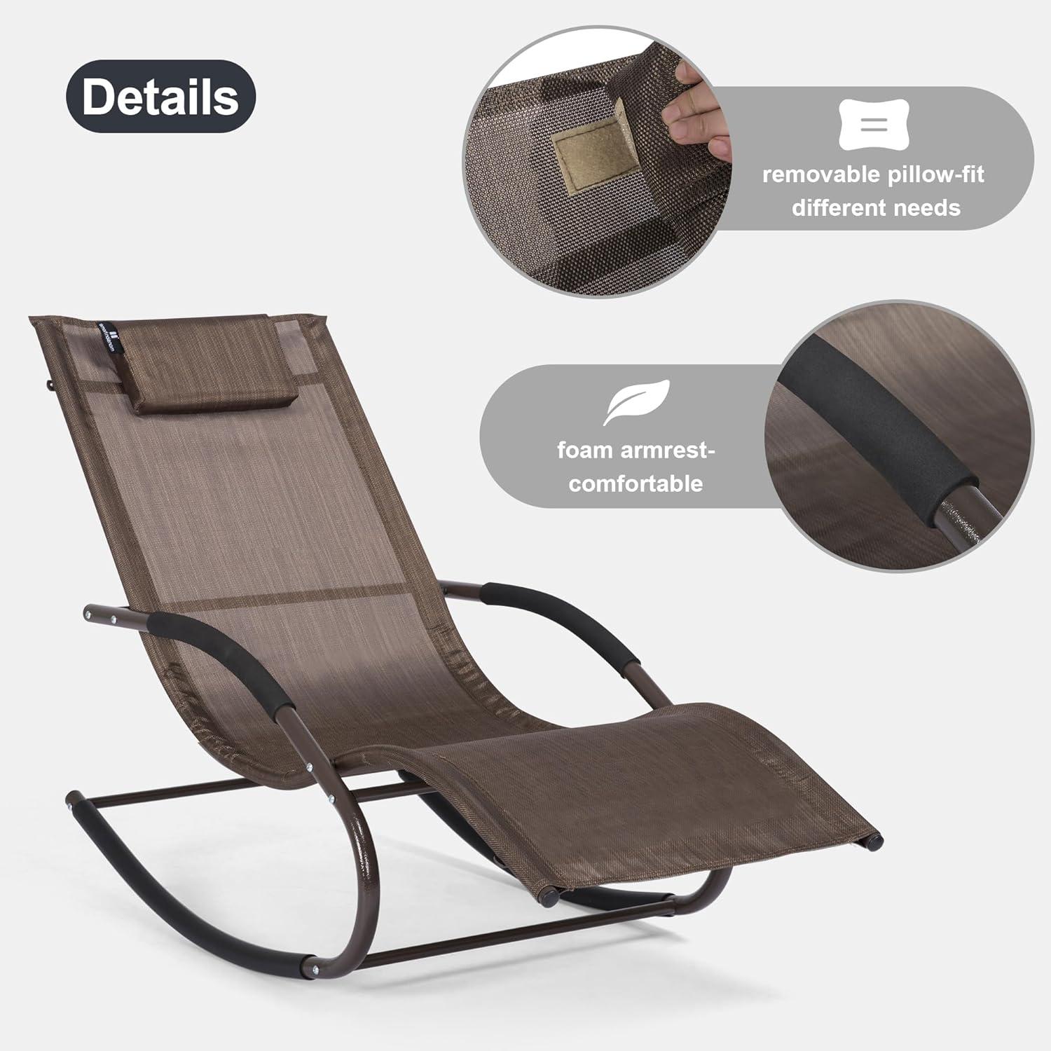 Brown Ergonomic Outdoor Rocking Chaise Lounge with Cushion