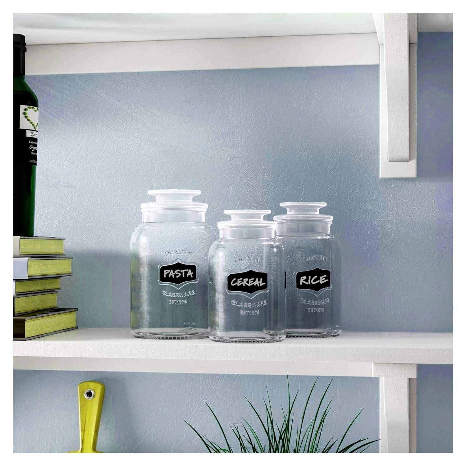 Glass Canister Set for Kitchen or Bathroom with Airtight Lid and Chalkboard Labels, Apothecary Glass Food Storage Jars,Set of 3 Cookie Jars, Candy, Coffee, Cereal & More, Clear Storage Containers!