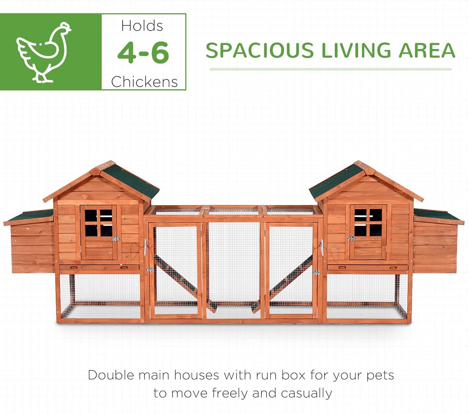 PawHut 124" Dual Chicken Coop, Wooden Large Chicken House, or Rabbit Hutch, Hen Poultry Cage Backyard with Outdoor Ramps and Nesting Boxes