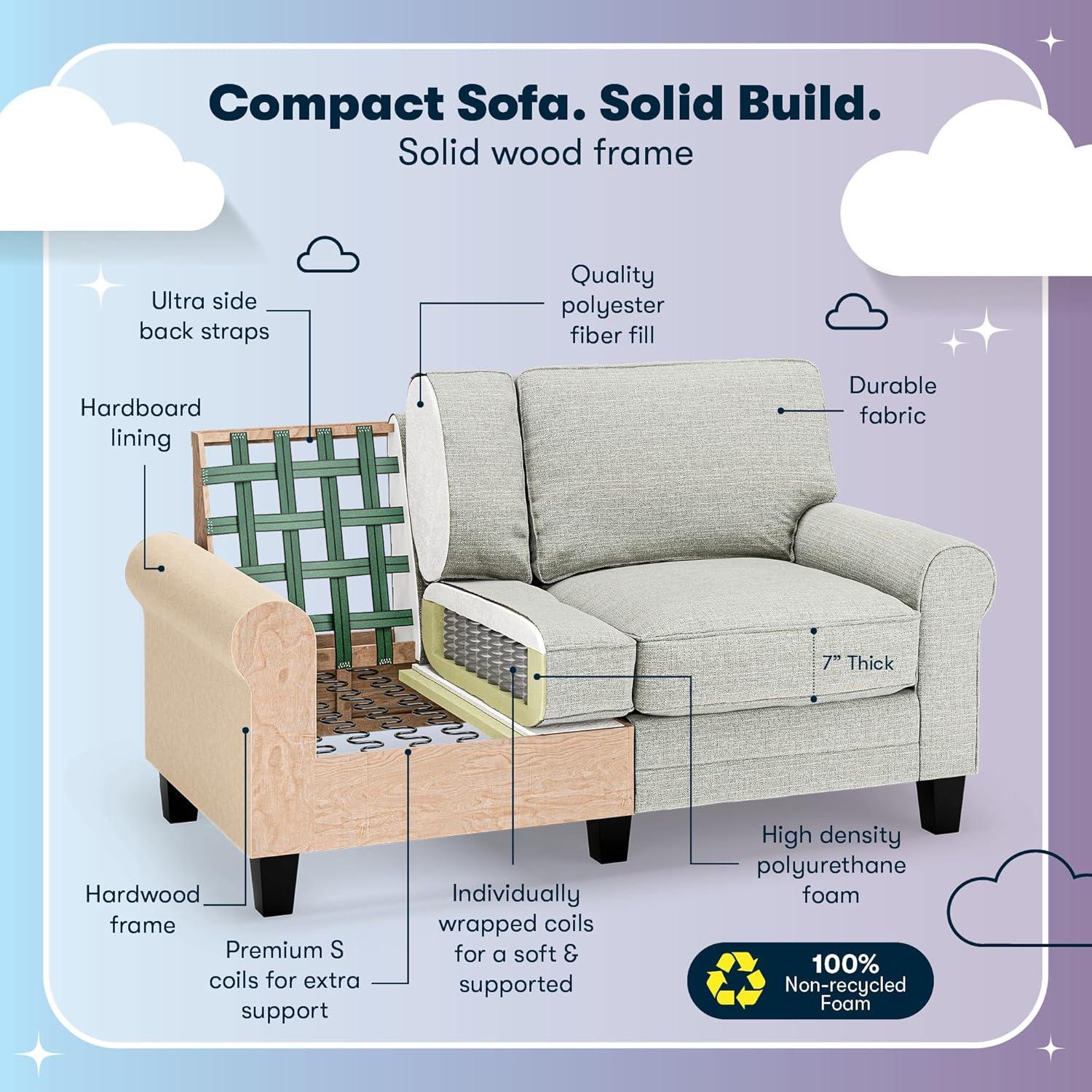 Serta Copenhagen 61" Rolled Arm Sofa, Easy Care Fabric, Soft Pillow Back, Pocket Coil Seat Cushions