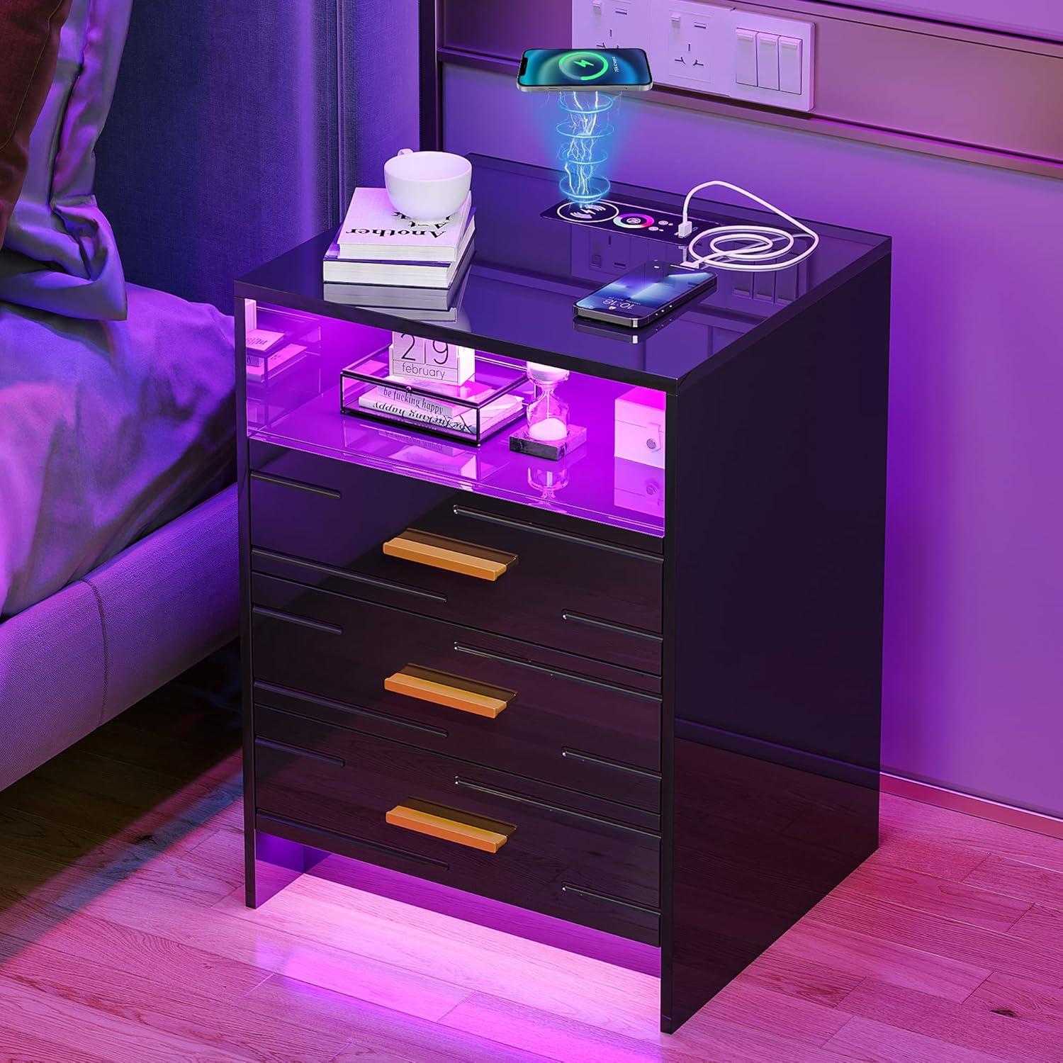 HNEBC Smart LED Nightstand with Wireless Charging & USB Ports, High Glossy Night Stand with 3 Drawers and 1 Pull-Out Tray, Modern Bedside Table with Human Sensor for Bedroom (Black)