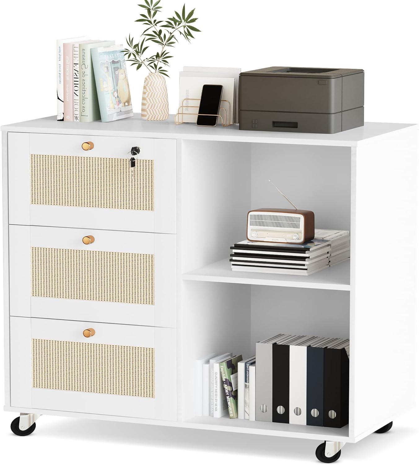 AWQM Wood Filing Cabinet with Lock,3 Drawers Office Storage Cabinet Printer Stand with Open Storage Shelves,Rattan Mobile File Cabinet for Home Office,White