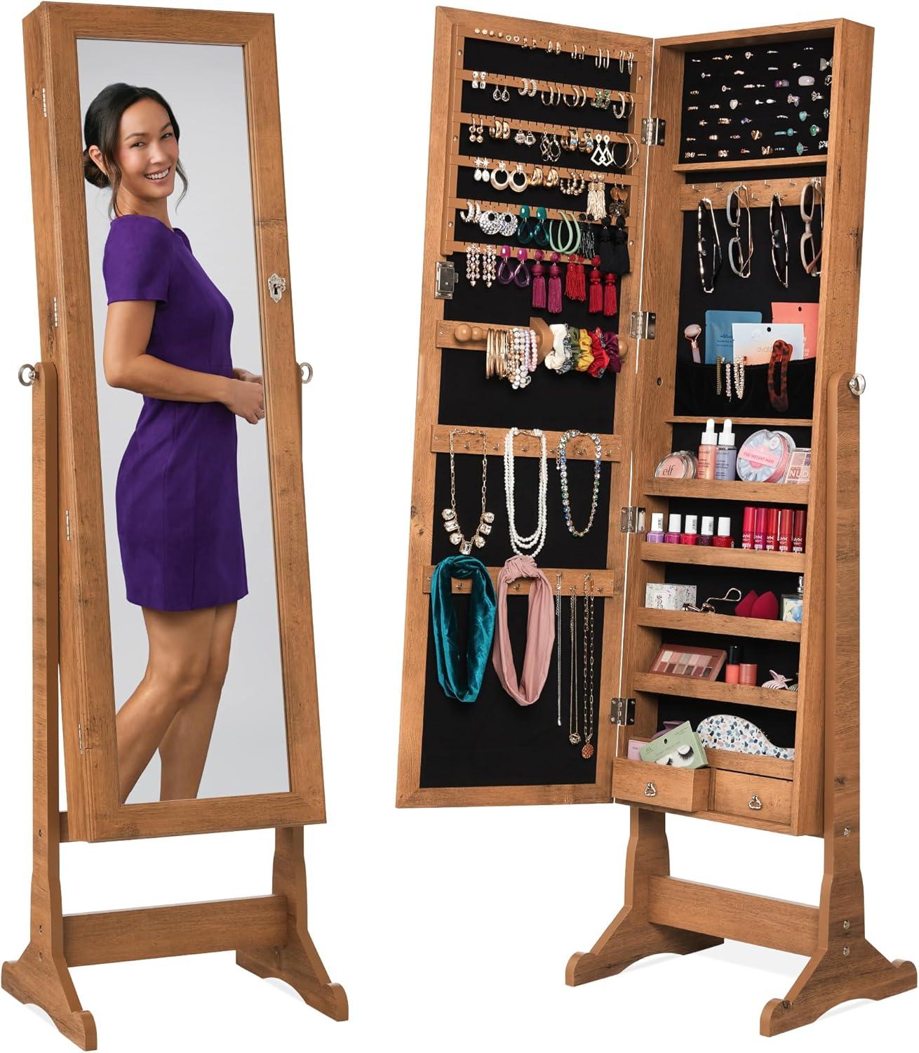 Best Choice Products Jewelry Armoire Cabinet, Full Length Mirror w/ Velvet Storage Interior, Lock