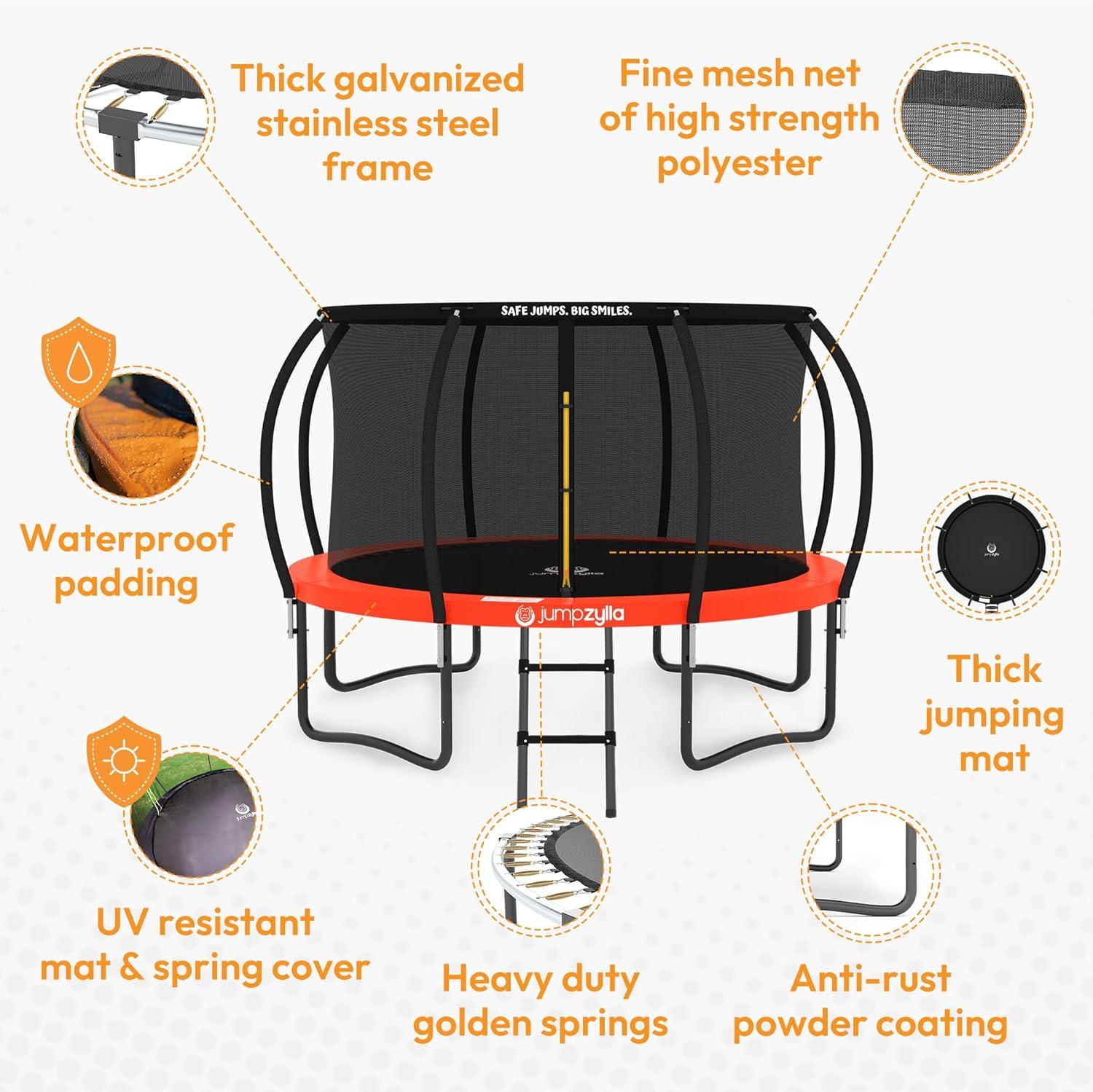 JUMPZYLLA Trampoline Outdoor 8FT 10FT 12FT 14FT 15FT 16FT with Enclosure and Ladder, ASTM Approved Recreational Trampoline for Kids and Adults, Anti-Rust Coated Frame